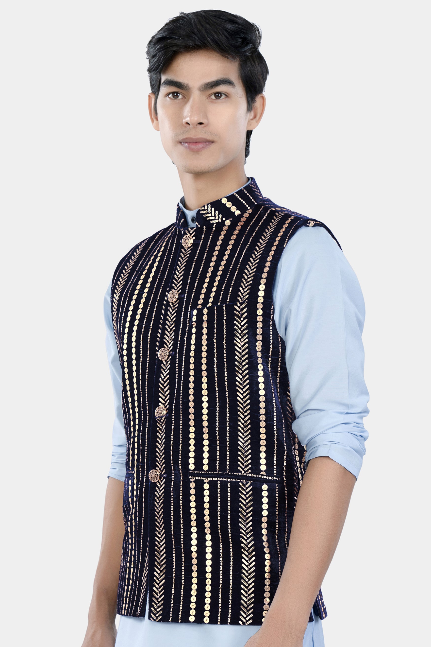 Stratos Blue Vertical Sequin Embroidered Designer Nehru Jacket