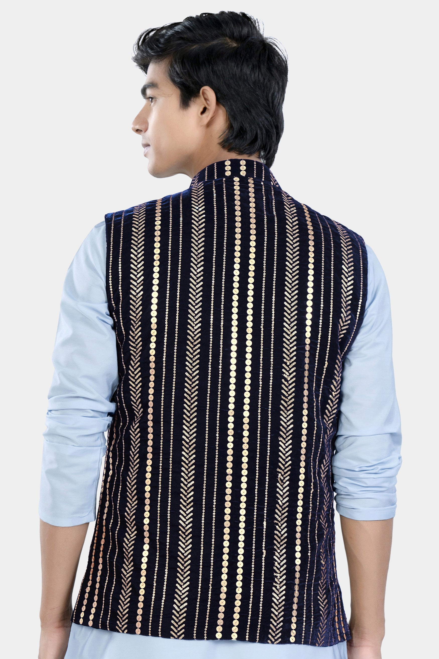 Stratos Blue Vertical Sequin Embroidered Designer Nehru Jacket