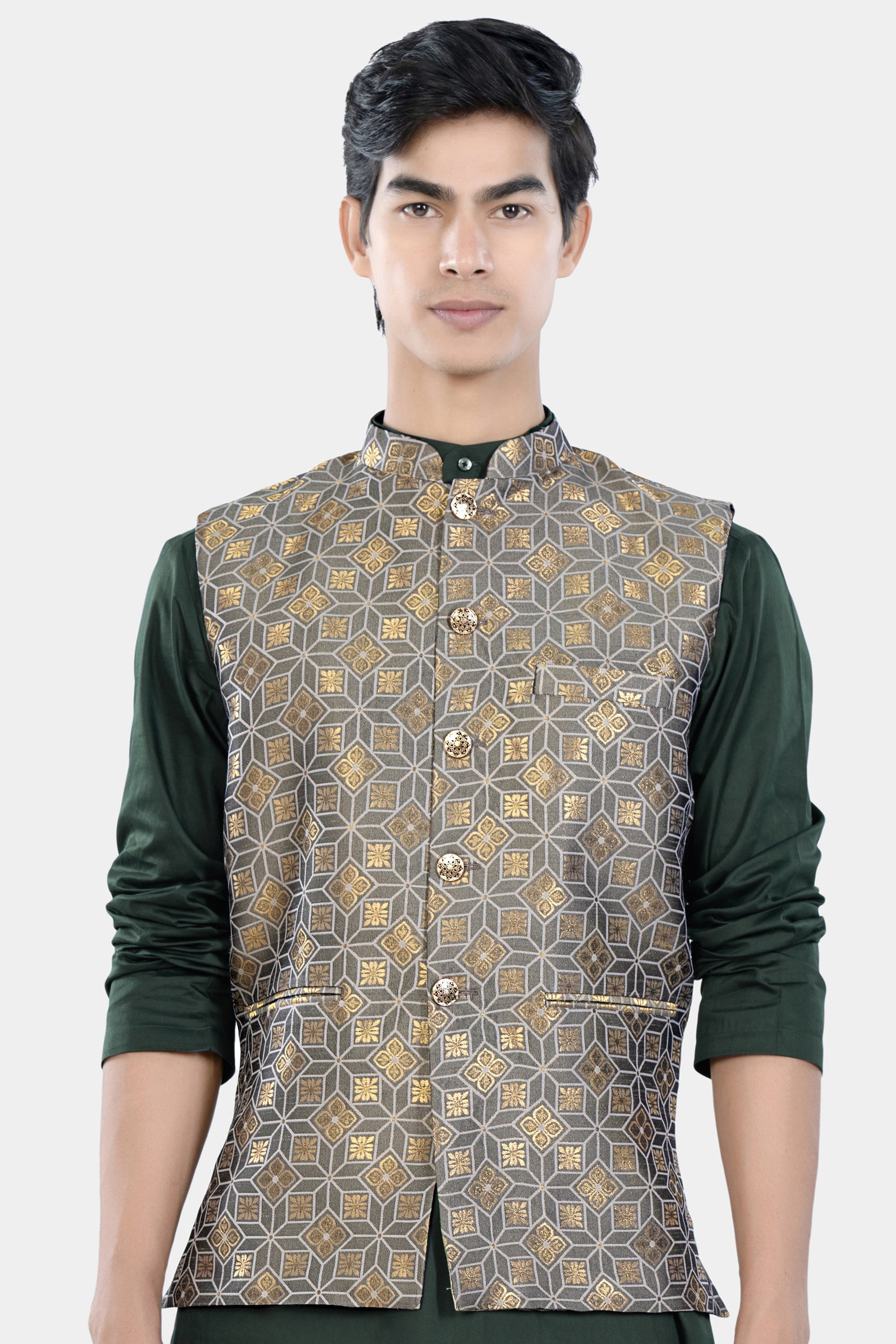 Sorrell Brown and Schooner Gray Geometric Jacquard Textured Designer Nehru Jacket