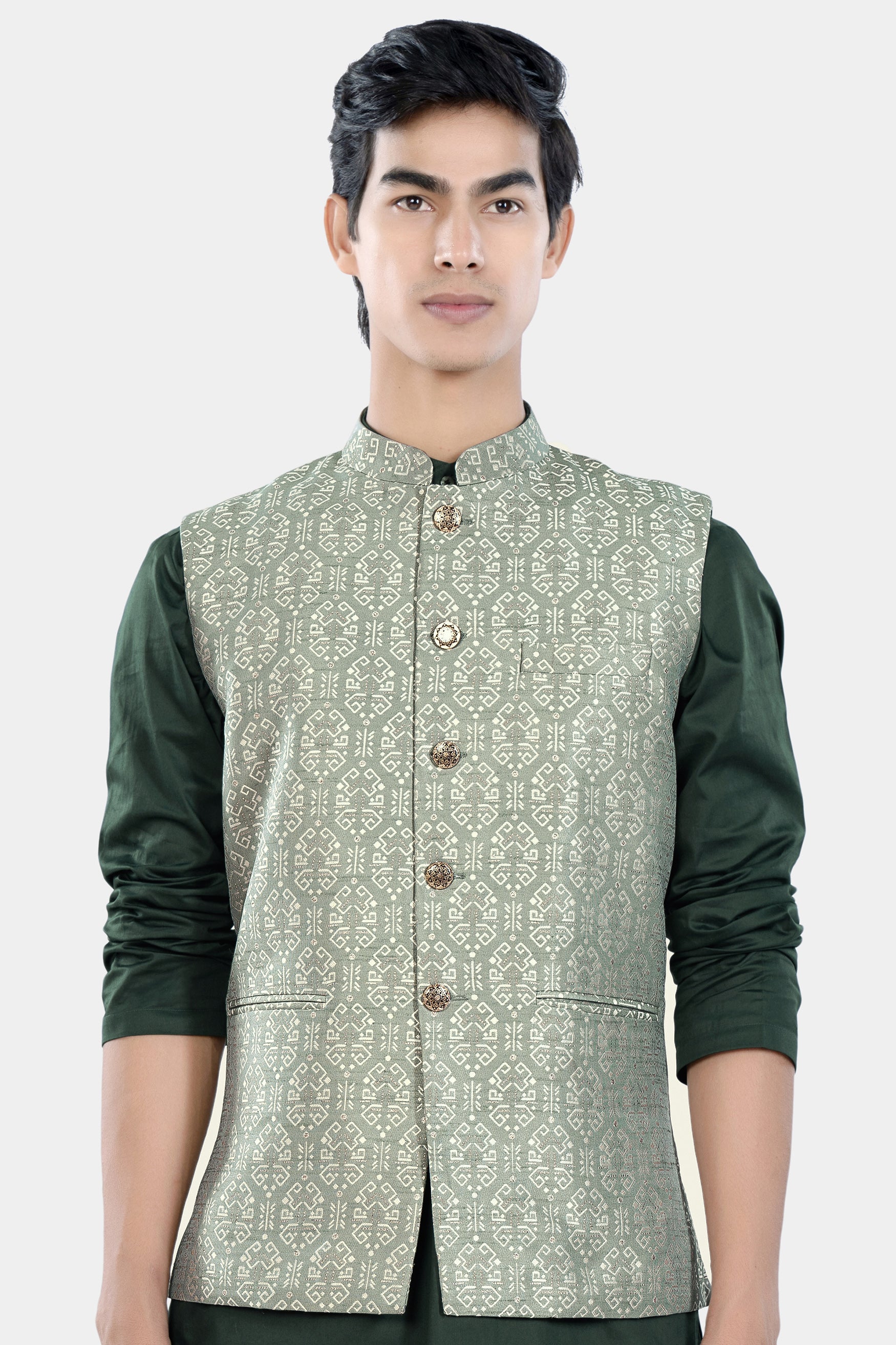 Pumice Green and White Jacquard Textured Designer Nehru Jacket WC3455-36, WC3455-38, WC3455-40, WC3455-42, WC3455-44, WC3455-46, WC3455-48, WC3455-50, WC3455-52, WC3455-54, WC3455-56, WC3455-58, WC3455-60