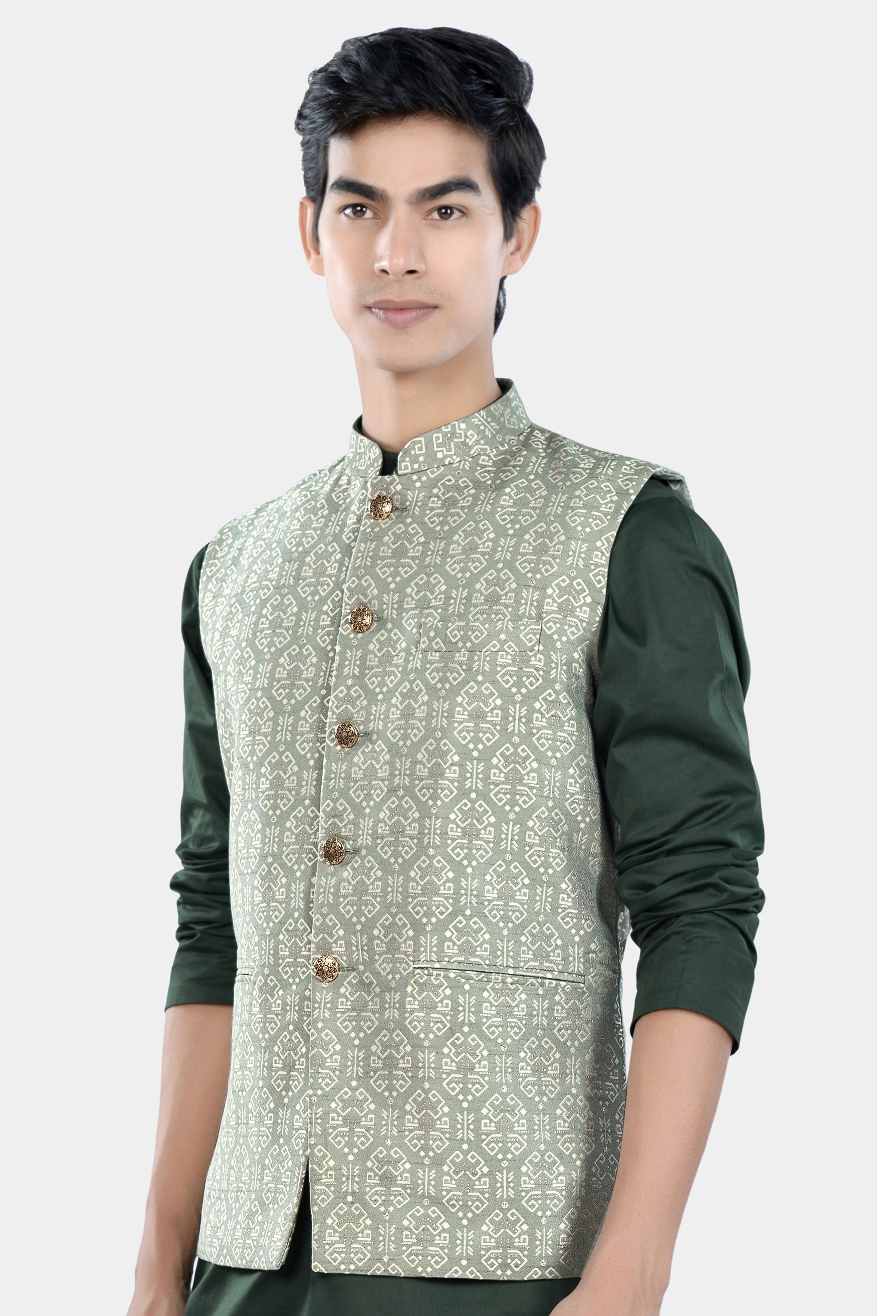 Pumice Green and White Jacquard Textured Designer Nehru Jacket WC3455-36, WC3455-38, WC3455-40, WC3455-42, WC3455-44, WC3455-46, WC3455-48, WC3455-50, WC3455-52, WC3455-54, WC3455-56, WC3455-58, WC3455-60