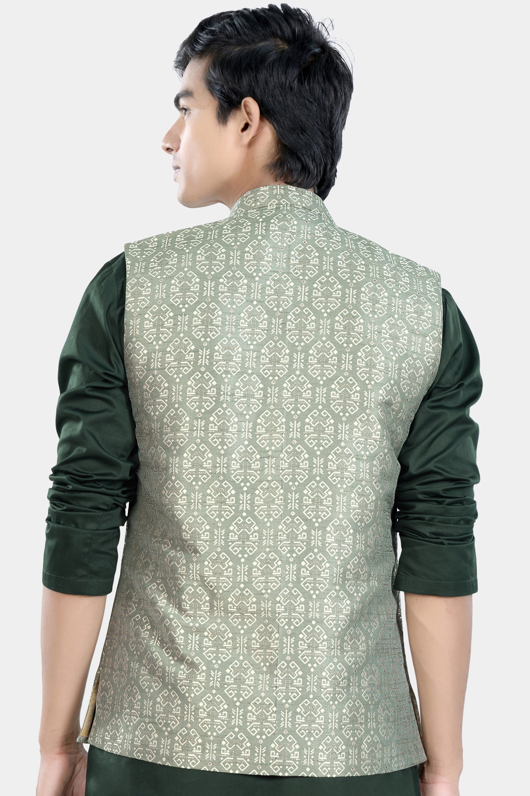 Pumice Green and White Jacquard Textured Designer Nehru Jacket WC3455-36, WC3455-38, WC3455-40, WC3455-42, WC3455-44, WC3455-46, WC3455-48, WC3455-50, WC3455-52, WC3455-54, WC3455-56, WC3455-58, WC3455-60