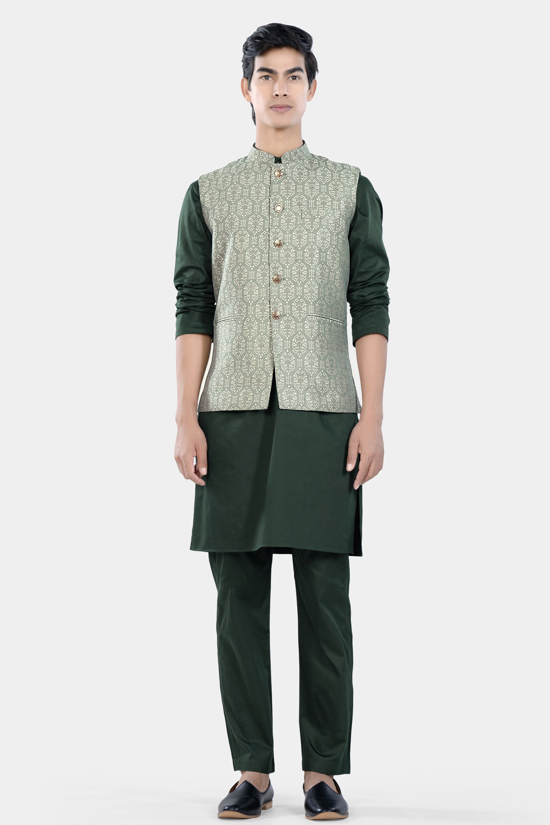 Pumice Green and White Jacquard Textured Designer Nehru Jacket WC3455-36, WC3455-38, WC3455-40, WC3455-42, WC3455-44, WC3455-46, WC3455-48, WC3455-50, WC3455-52, WC3455-54, WC3455-56, WC3455-58, WC3455-60