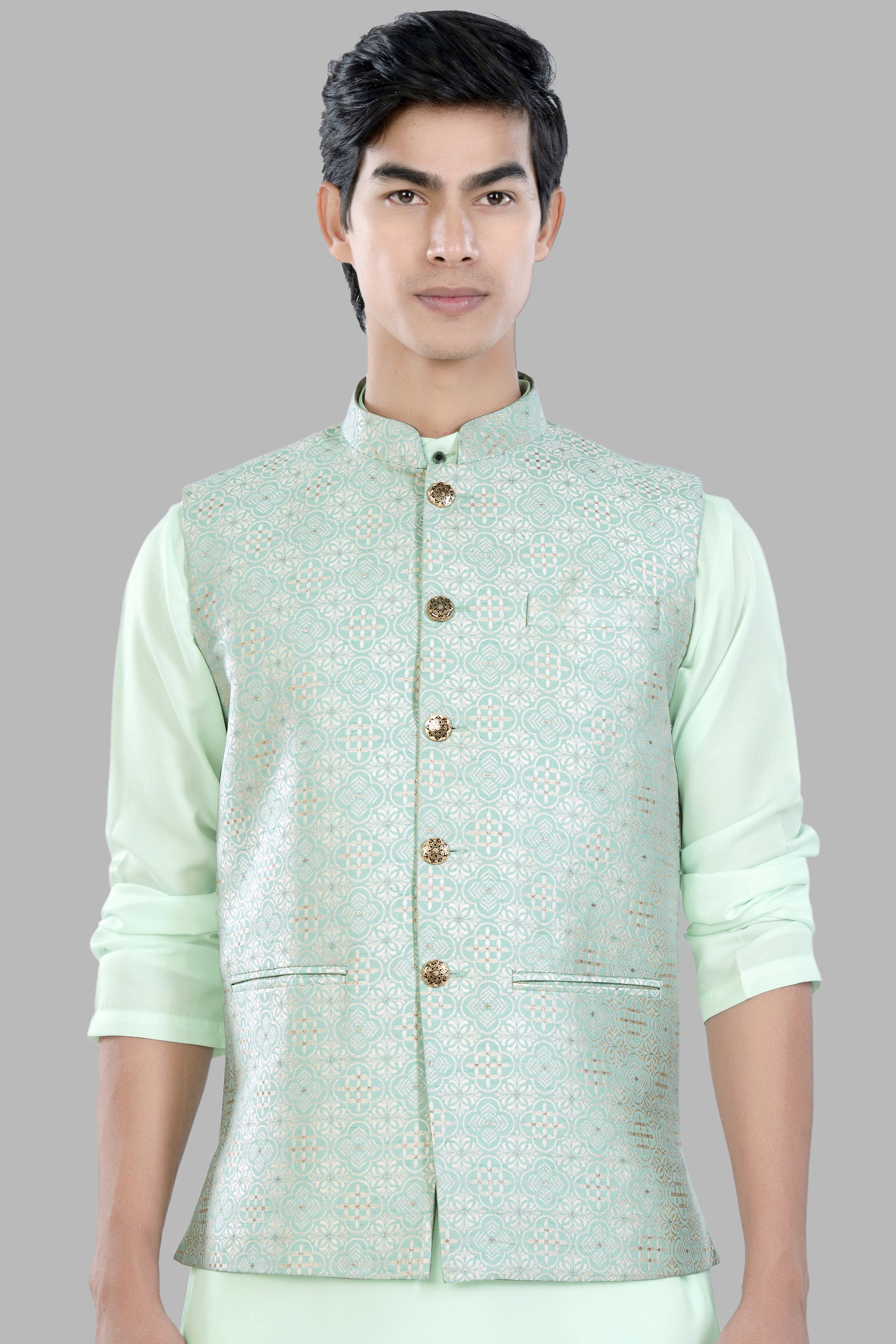 Opal Green and White Moroccan Jacquard Textured Designer Nehru Jacket WC3456-36, WC3456-38, WC3456-40, WC3456-42, WC3456-44, WC3456-46, WC3456-48, WC3456-50, WC3456-52, WC3456-54, WC3456-56, WC3456-58, WC3456-60