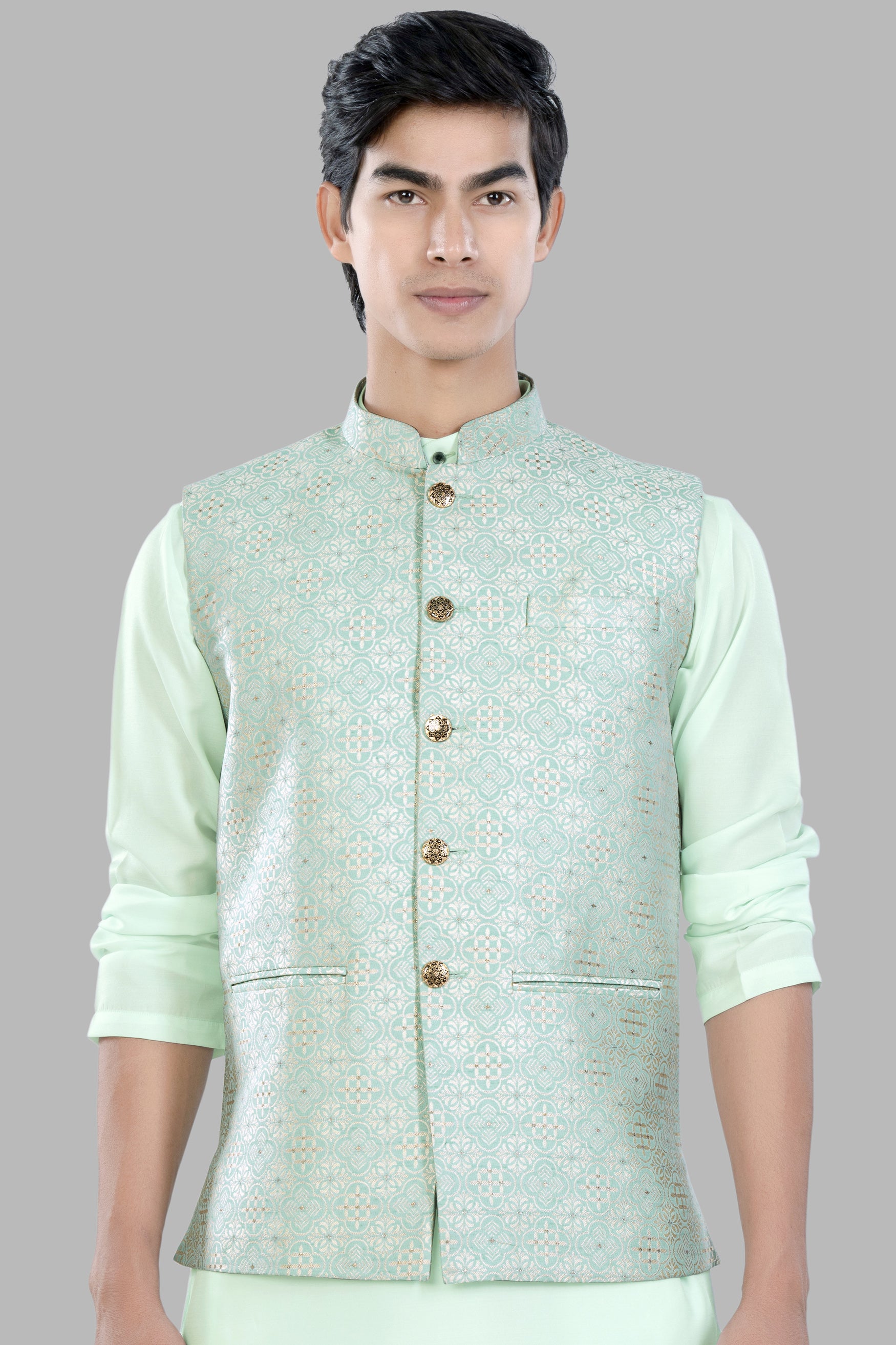 Opal Green and White Moroccan Jacquard Textured Designer Nehru Jacket WC3456-36,  WC3456-38,  WC3456-40,  WC3456-42,  WC3456-44,  WC3456-46,  WC3456-48,  WC3456-50,  WC3456-52,  WC3456-54,  WC3456-56,  WC3456-58,  WC3456-60