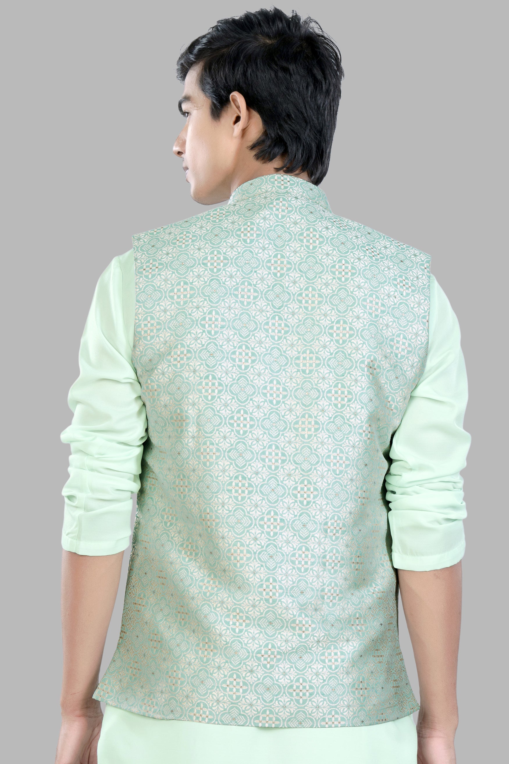 Opal Green and White Moroccan Jacquard Textured Designer Nehru Jacket WC3456-36, WC3456-38, WC3456-40, WC3456-42, WC3456-44, WC3456-46, WC3456-48, WC3456-50, WC3456-52, WC3456-54, WC3456-56, WC3456-58, WC3456-60