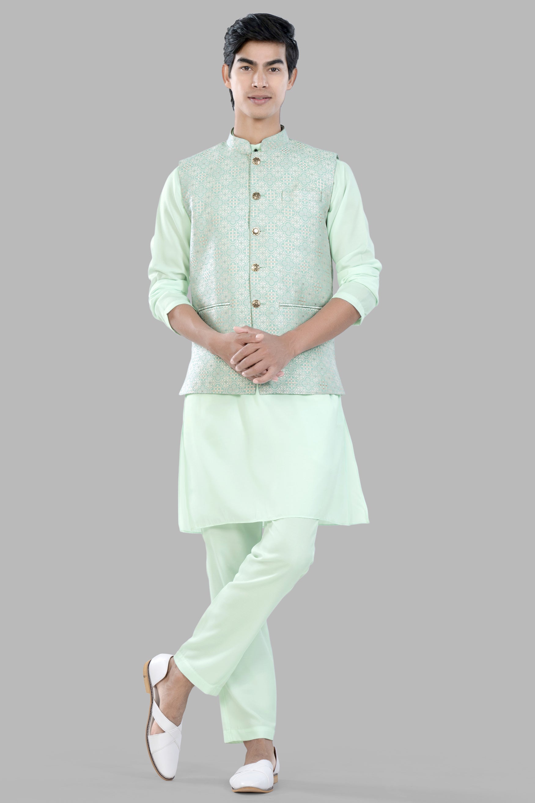 Opal Green and White Moroccan Jacquard Textured Designer Nehru Jacket WC3456-36, WC3456-38, WC3456-40, WC3456-42, WC3456-44, WC3456-46, WC3456-48, WC3456-50, WC3456-52, WC3456-54, WC3456-56, WC3456-58, WC3456-60