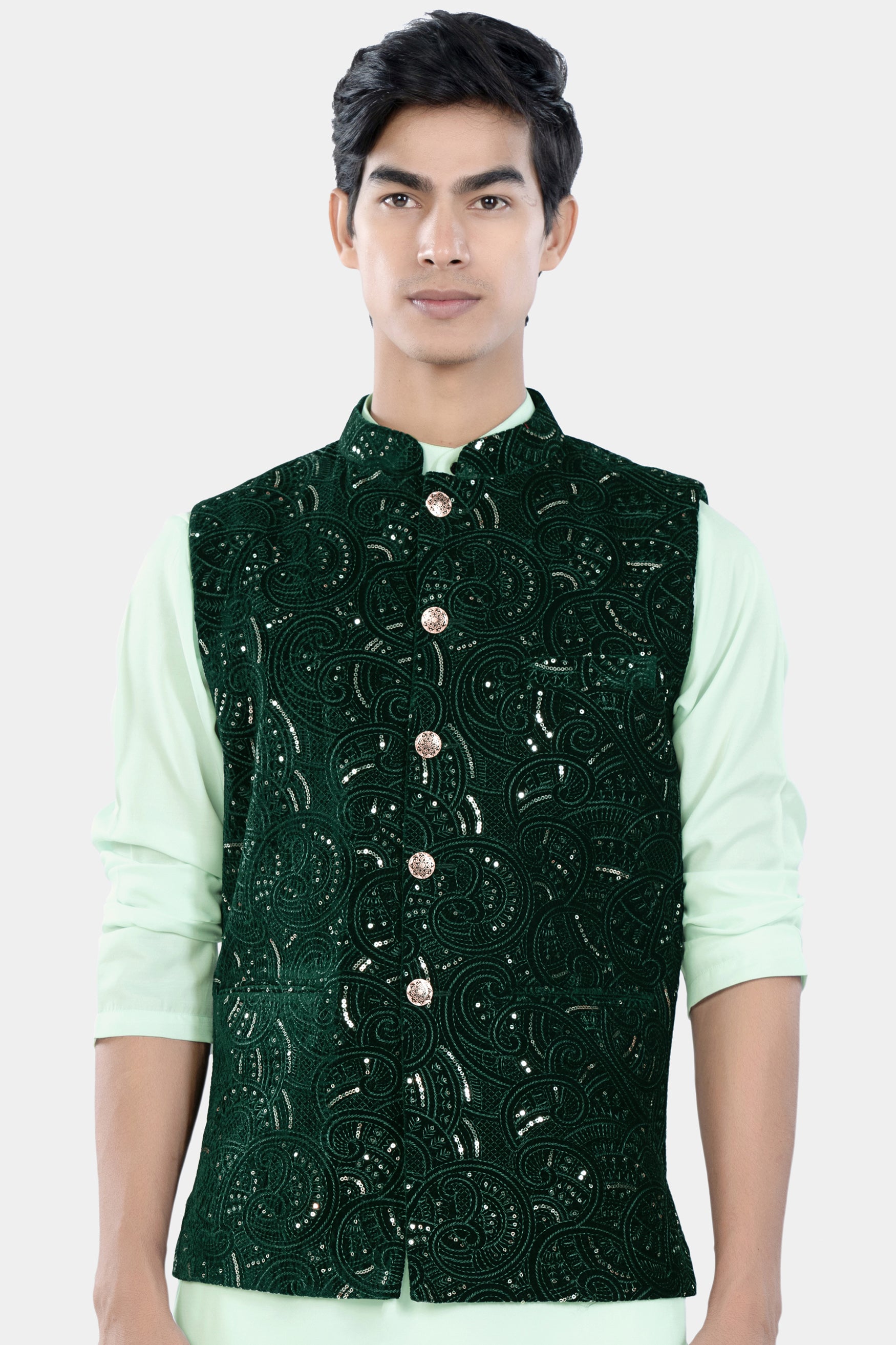 Palm and Jewel Green Sequin and Thread Embroidered Designer Nehru Jacket WC3457-36, WC3457-38, WC3457-40, WC3457-42, WC3457-44, WC3457-46, WC3457-48, WC3457-50, WC3457-52, WC3457-54, WC3457-56, WC3457-58, WC3457-60