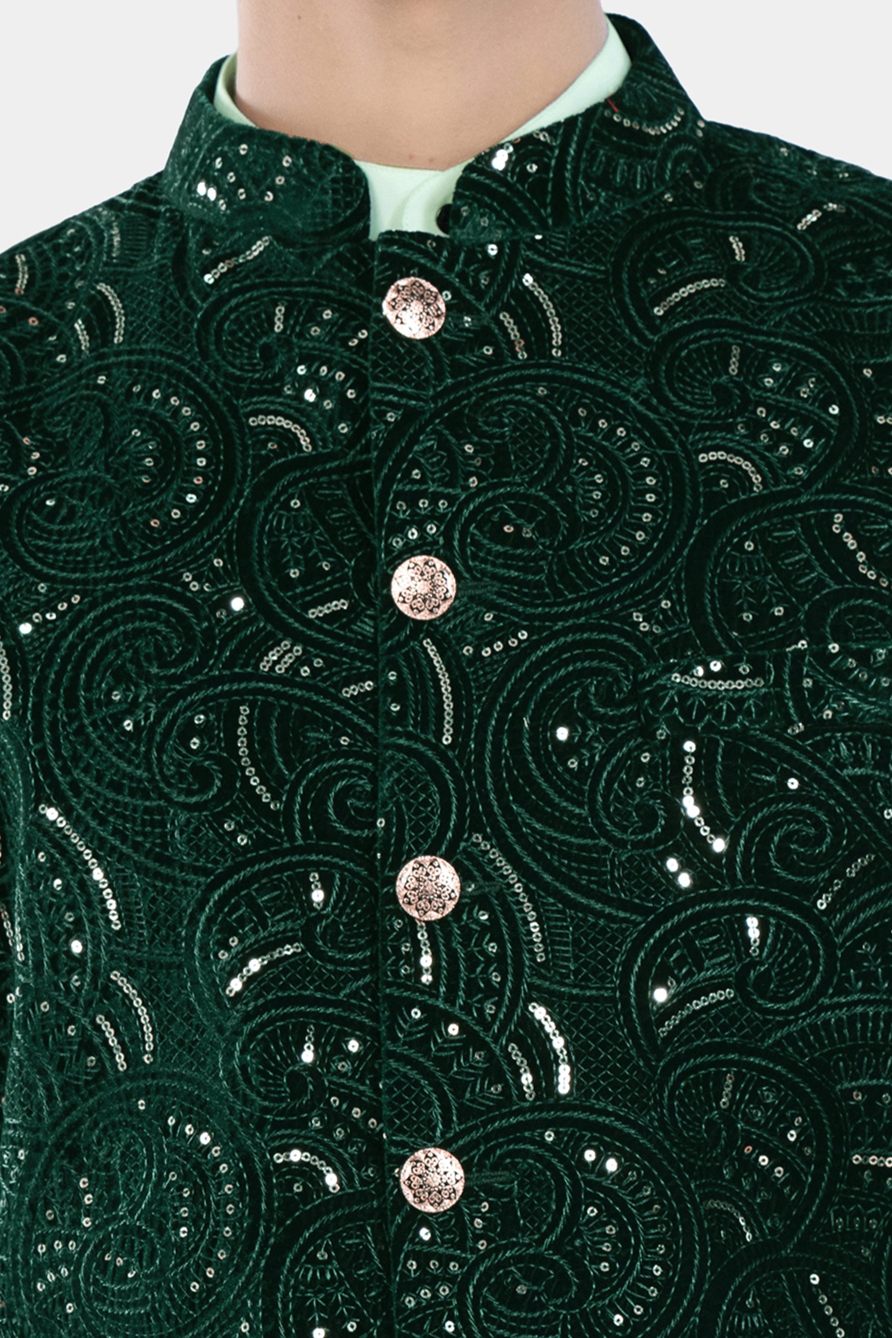 Palm and Jewel Green Sequin and Thread Embroidered Designer Nehru Jacket WC3457-36, WC3457-38, WC3457-40, WC3457-42, WC3457-44, WC3457-46, WC3457-48, WC3457-50, WC3457-52, WC3457-54, WC3457-56, WC3457-58, WC3457-60
