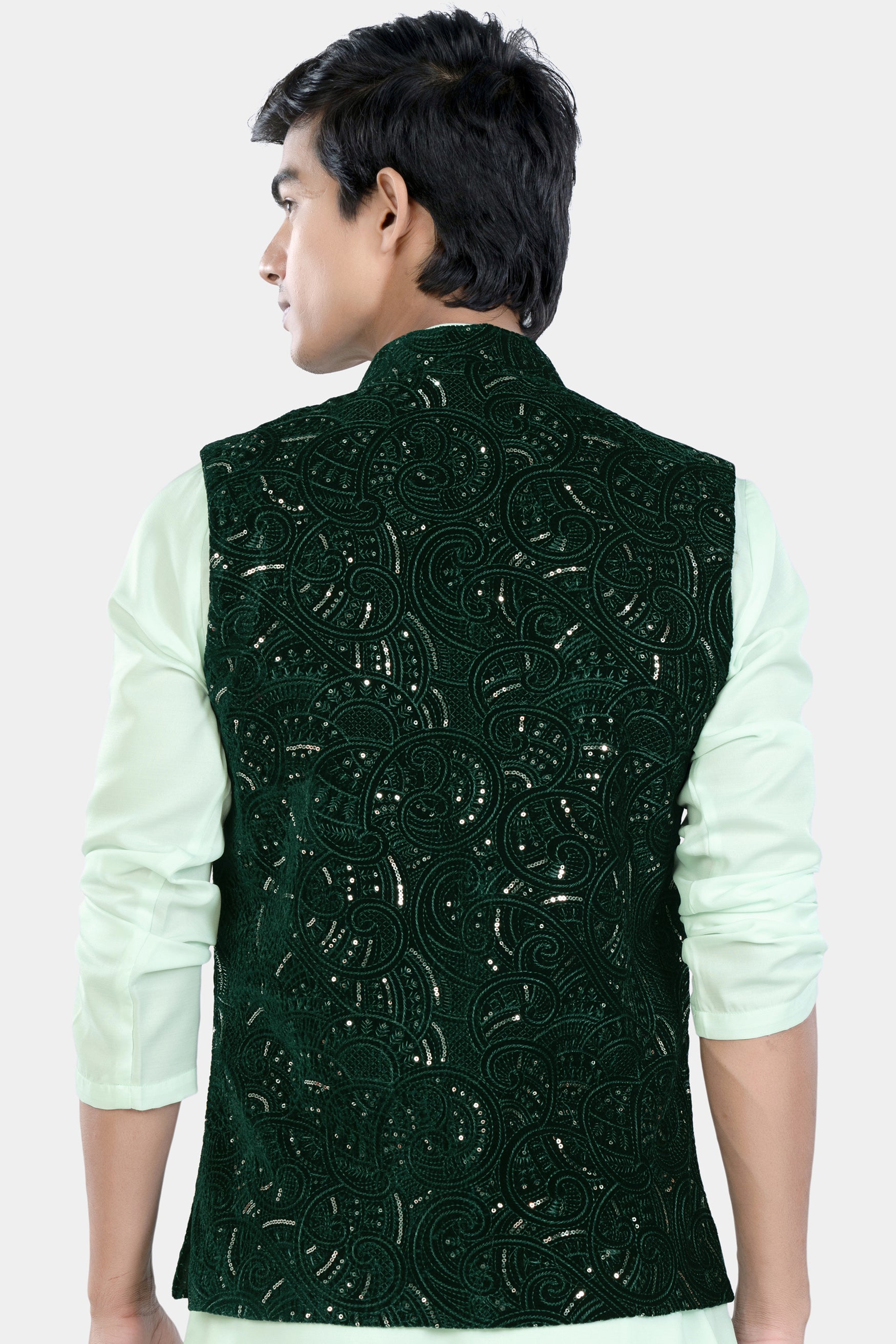 Palm and Jewel Green Sequin and Thread Embroidered Designer Nehru Jacket WC3457-36, WC3457-38, WC3457-40, WC3457-42, WC3457-44, WC3457-46, WC3457-48, WC3457-50, WC3457-52, WC3457-54, WC3457-56, WC3457-58, WC3457-60
