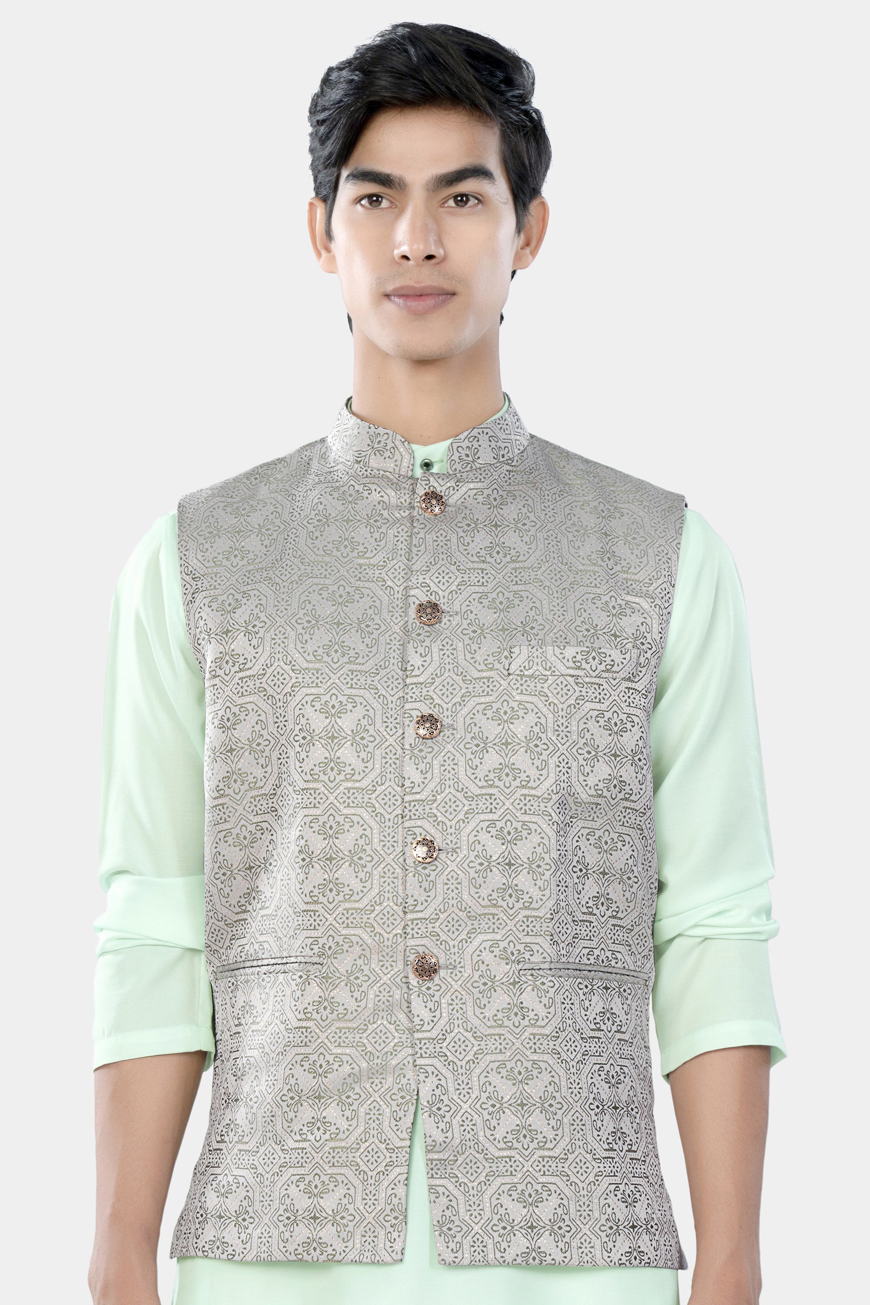 Gainsboro Gray and Sage Green Geometric Jacquard Textured Designer Nehru Jacket WC3458-36,  WC3458-38,  WC3458-40,  WC3458-42,  WC3458-44,  WC3458-46,  WC3458-48,  WC3458-50,  WC3458-52,  WC3458-54,  WC3458-56,  WC3458-58,  WC3458-60