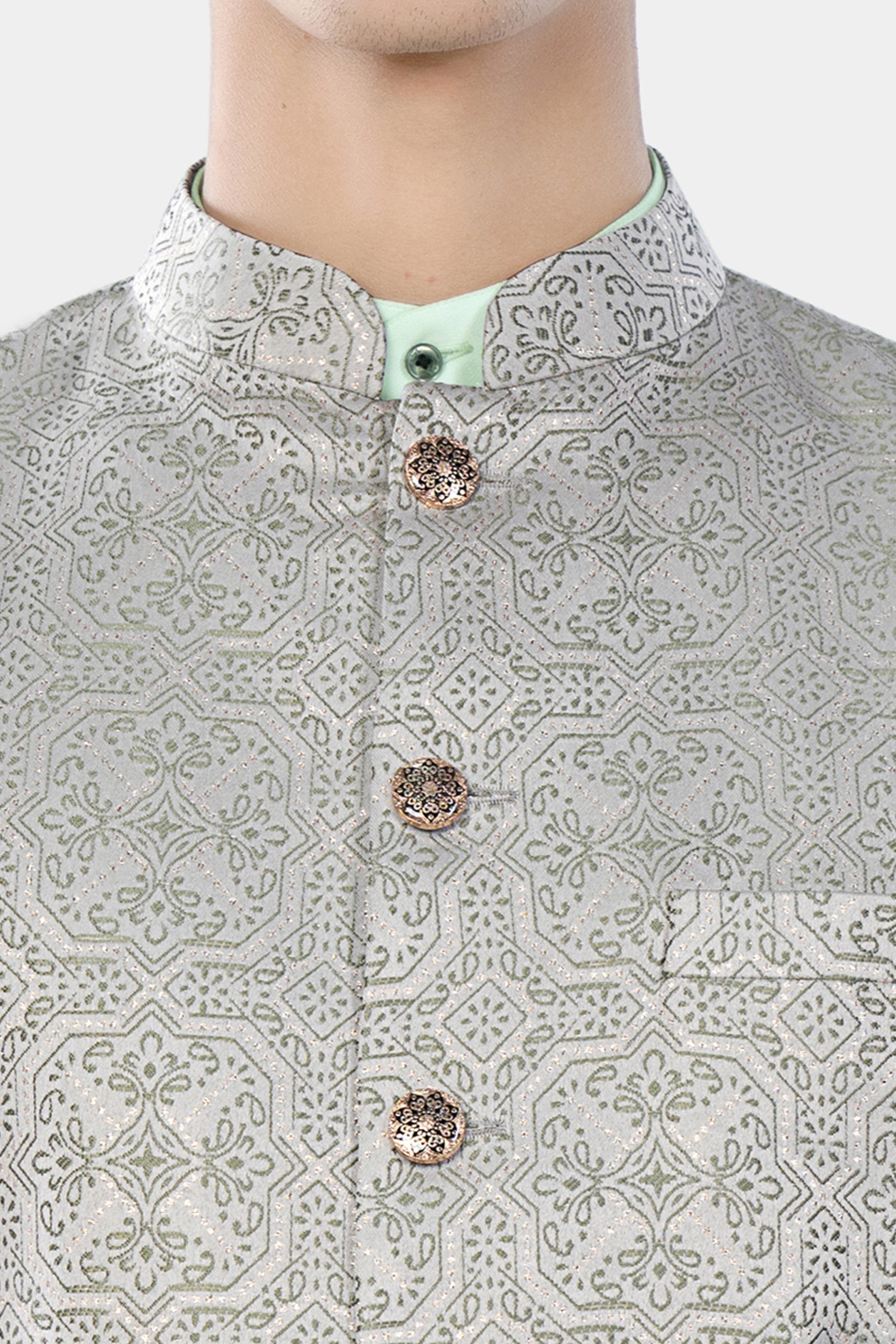 Gainsboro Gray and Sage Green Geometric Jacquard Textured Designer Nehru Jacket WC3458-36, WC3458-38, WC3458-40, WC3458-42, WC3458-44, WC3458-46, WC3458-48, WC3458-50, WC3458-52, WC3458-54, WC3458-56, WC3458-58, WC3458-60