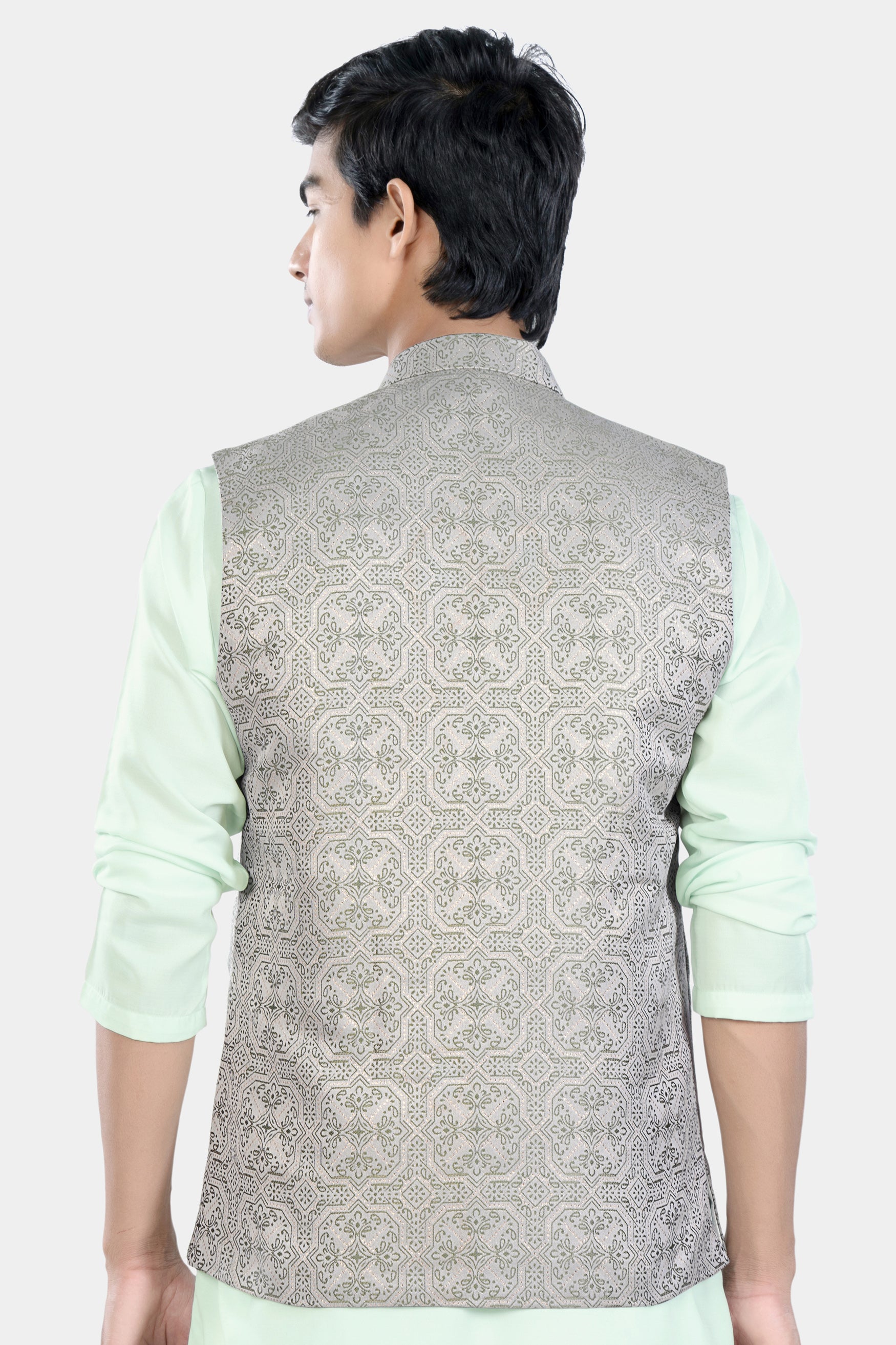 Gainsboro Gray and Sage Green Geometric Jacquard Textured Designer Nehru Jacket WC3458-36, WC3458-38, WC3458-40, WC3458-42, WC3458-44, WC3458-46, WC3458-48, WC3458-50, WC3458-52, WC3458-54, WC3458-56, WC3458-58, WC3458-60