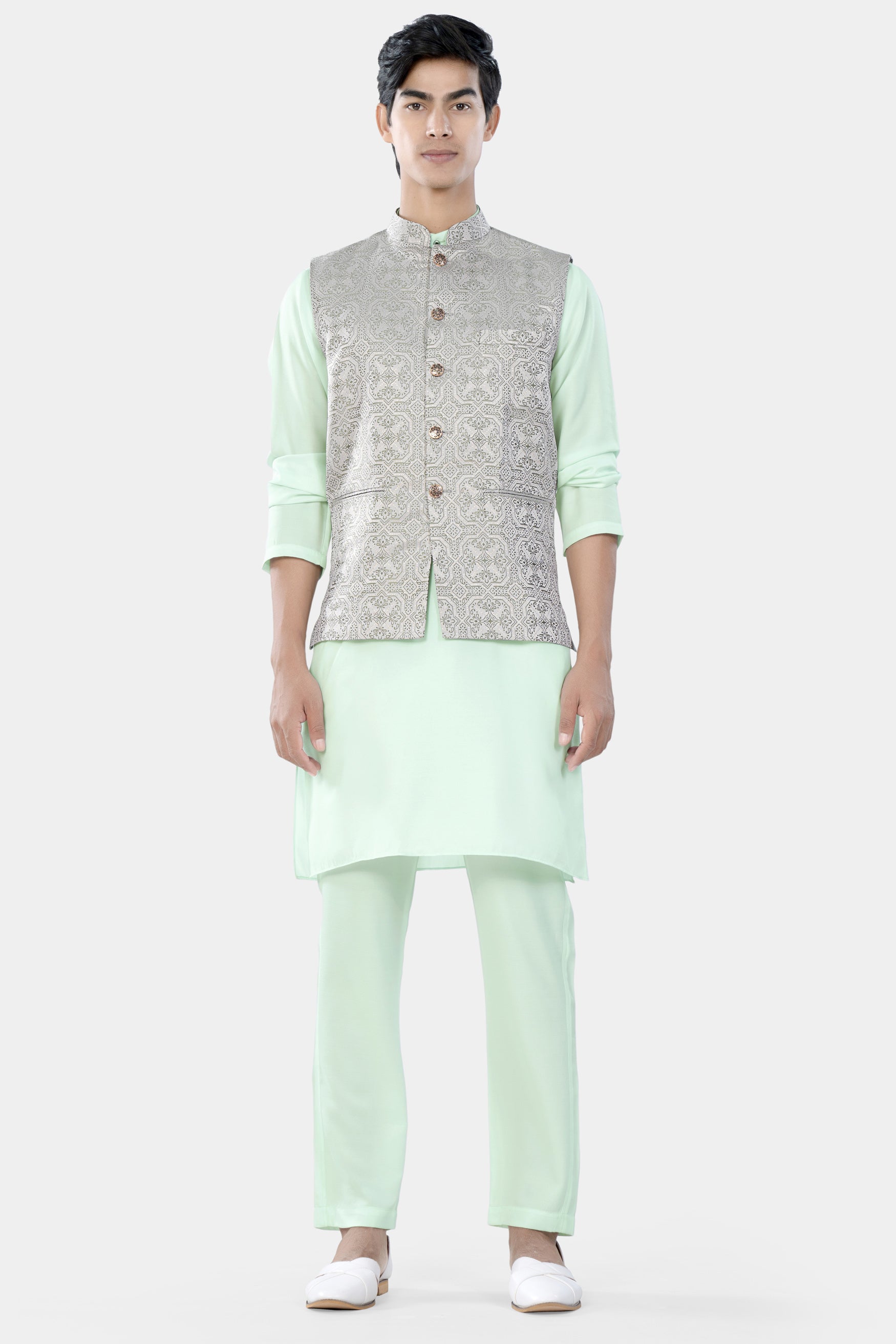 Gainsboro Gray and Sage Green Geometric Jacquard Textured Designer Nehru Jacket WC3458-36, WC3458-38, WC3458-40, WC3458-42, WC3458-44, WC3458-46, WC3458-48, WC3458-50, WC3458-52, WC3458-54, WC3458-56, WC3458-58, WC3458-60