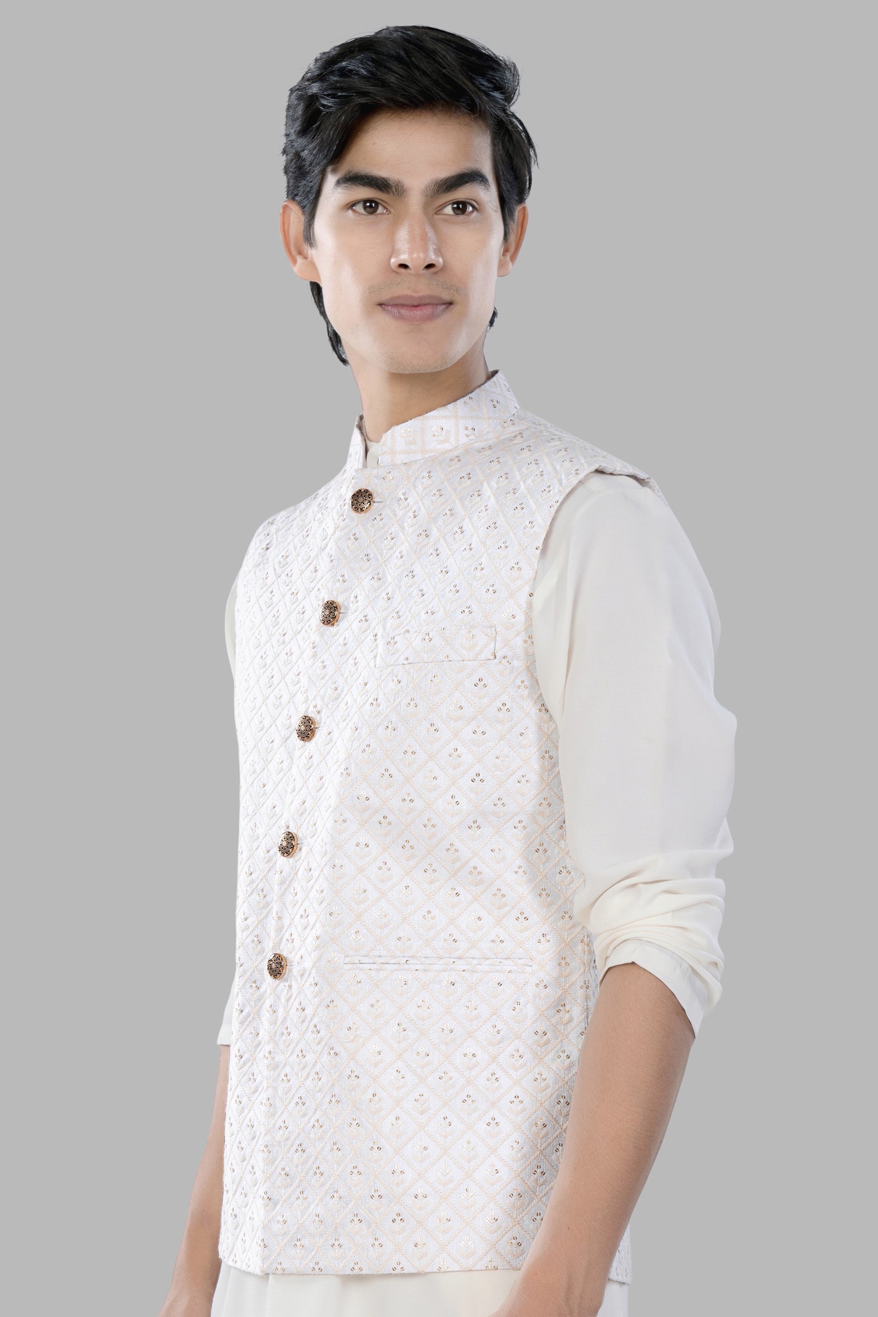 Bright White and Ecru Cream Geometric Thread and Sequin Embroidered Designer Nehru Jacket WC3459-36, WC3459-38, WC3459-40, WC3459-42, WC3459-44, WC3459-46, WC3459-48, WC3459-50, WC3459-52, WC3459-54, WC3459-56, WC3459-58, WC3459-60