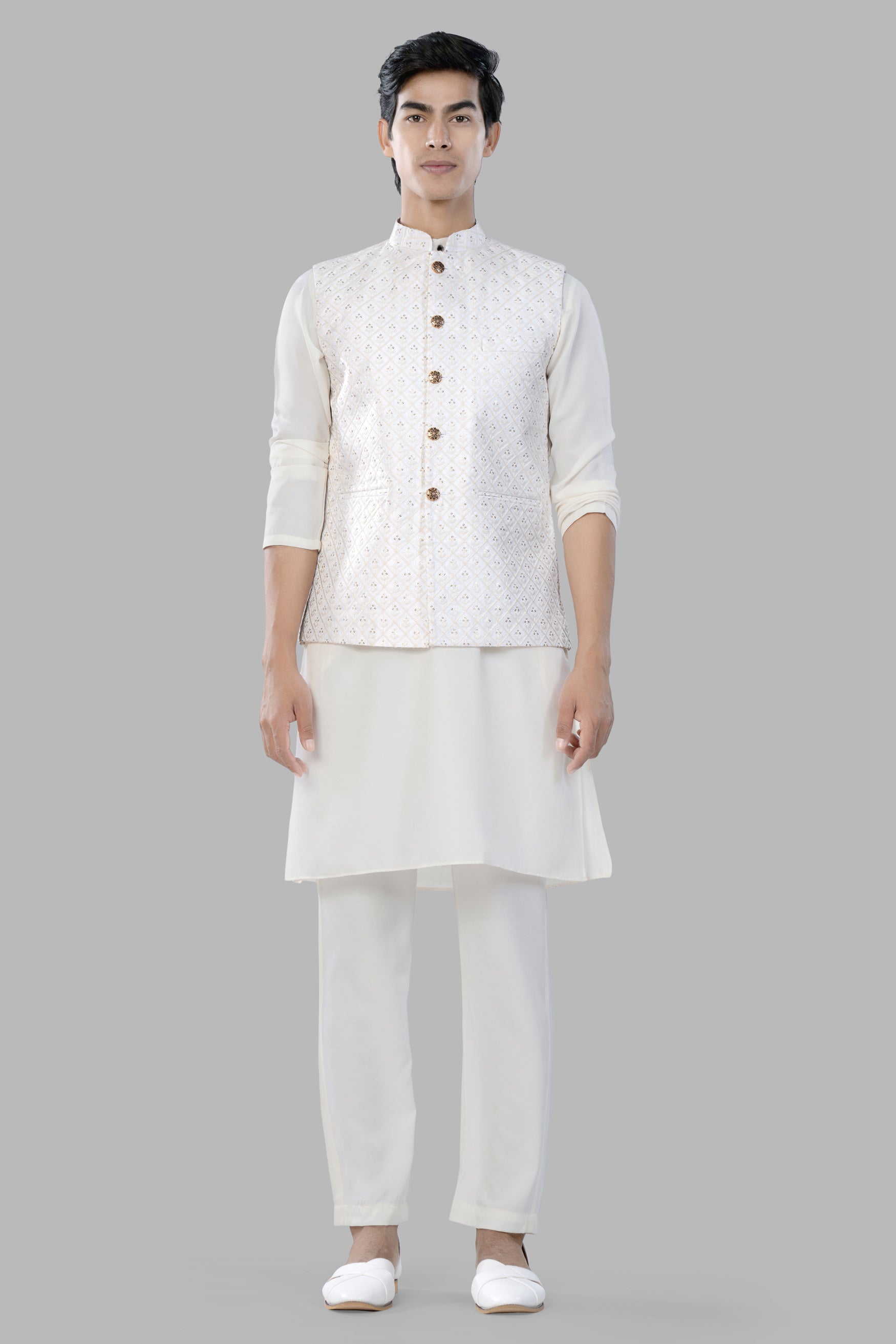 Bright White and Ecru Cream Geometric Thread and Sequin Embroidered Designer Nehru Jacket WC3459-36, WC3459-38, WC3459-40, WC3459-42, WC3459-44, WC3459-46, WC3459-48, WC3459-50, WC3459-52, WC3459-54, WC3459-56, WC3459-58, WC3459-60