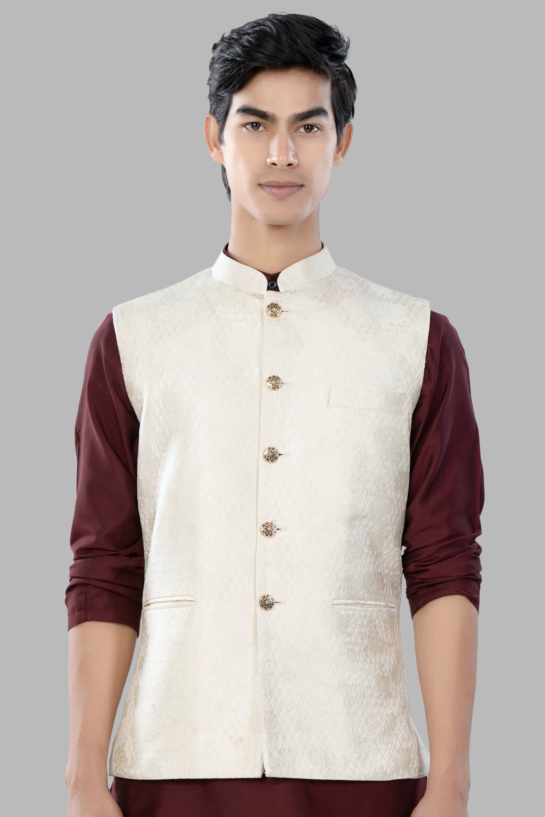 Albescent Cream Trellis Jacquard Textured Designer Nehru Jacket WC3462-36,  WC3462-38,  WC3462-40,  WC3462-42,  WC3462-44,  WC3462-46,  WC3462-48,  WC3462-50,  WC3462-52,  WC3462-54,  WC3462-56,  WC3462-58,  WC3462-60