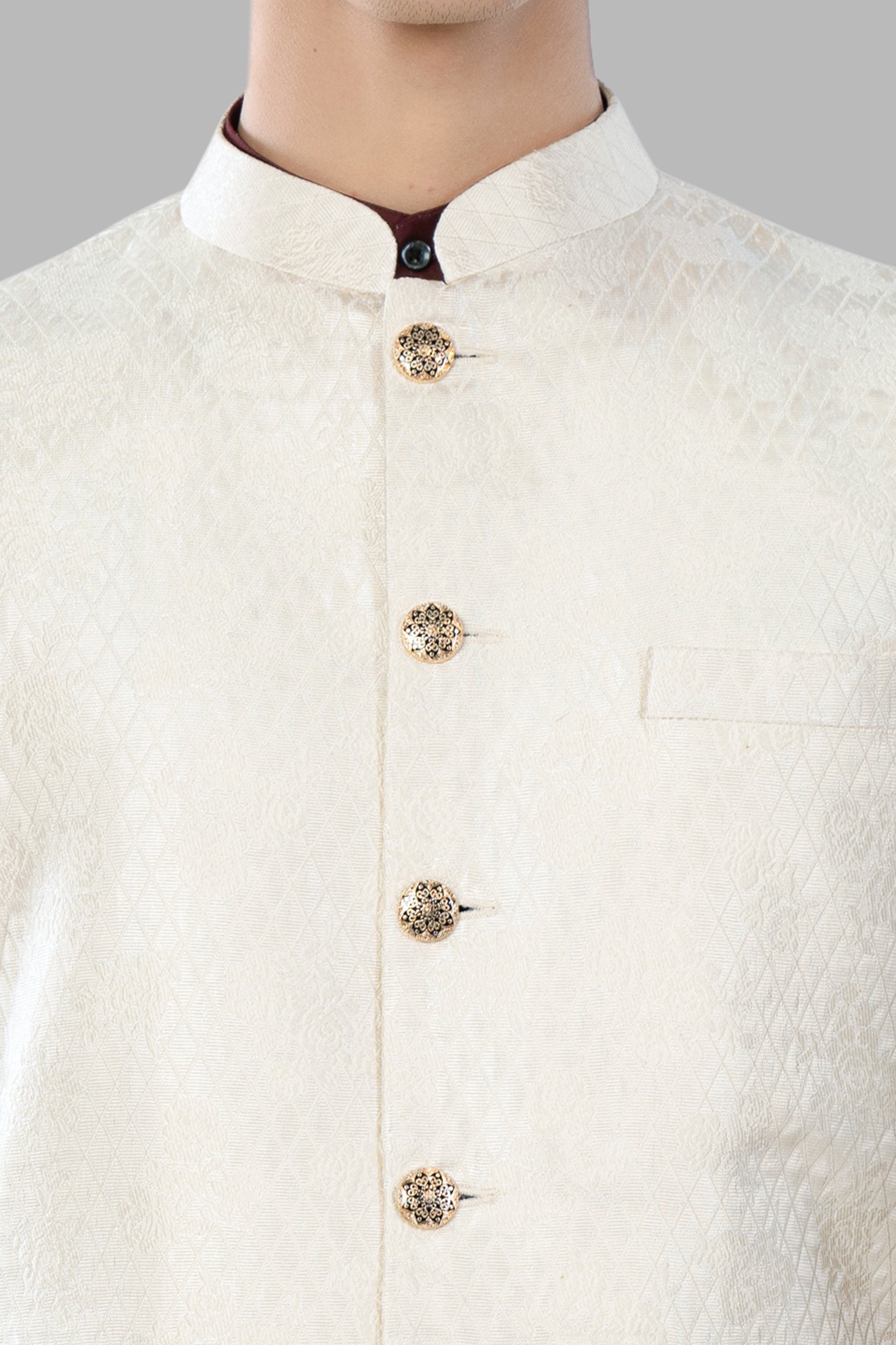 Albescent Cream Trellis Jacquard Textured Designer Nehru Jacket WC3462-36, WC3462-38, WC3462-40, WC3462-42, WC3462-44, WC3462-46, WC3462-48, WC3462-50, WC3462-52, WC3462-54, WC3462-56, WC3462-58, WC3462-60