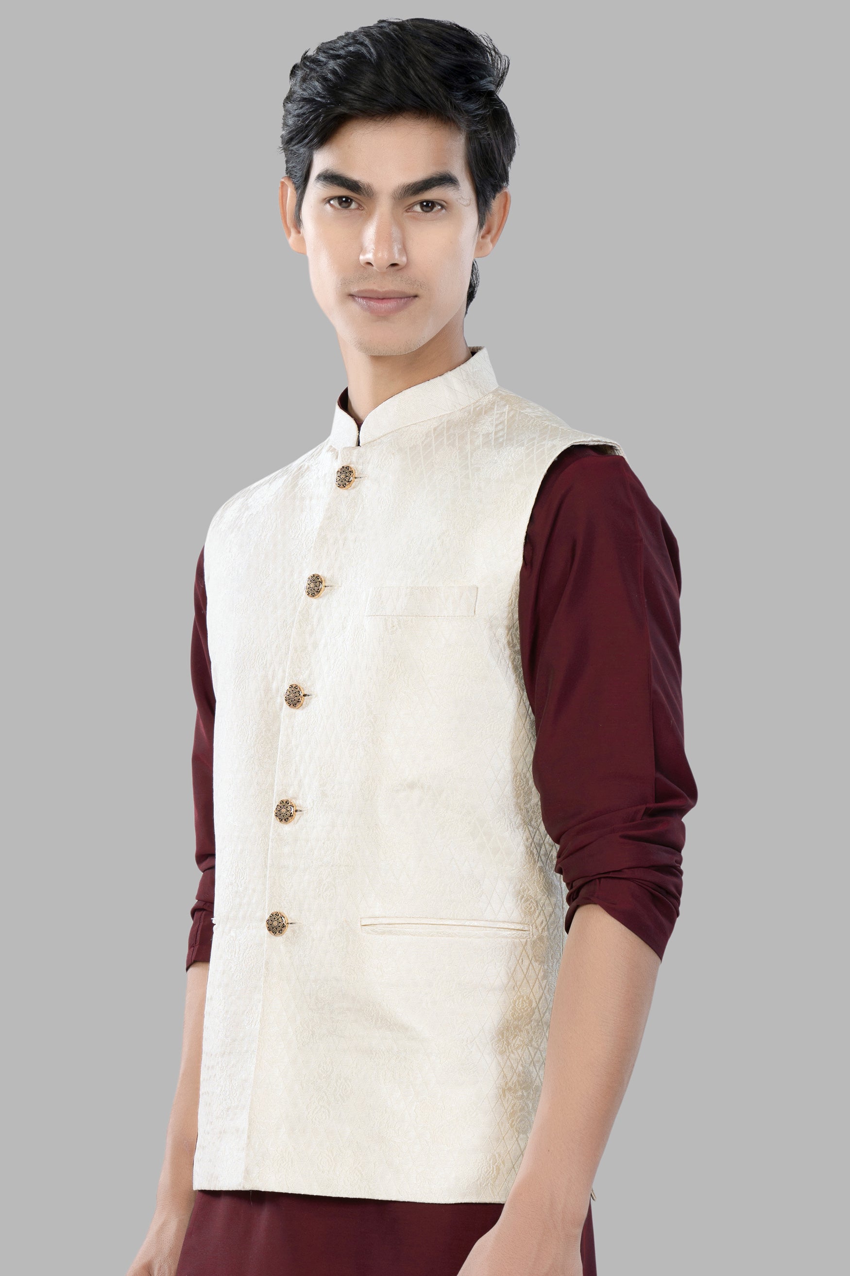 Albescent Cream Trellis Jacquard Textured Designer Nehru Jacket WC3462-36, WC3462-38, WC3462-40, WC3462-42, WC3462-44, WC3462-46, WC3462-48, WC3462-50, WC3462-52, WC3462-54, WC3462-56, WC3462-58, WC3462-60