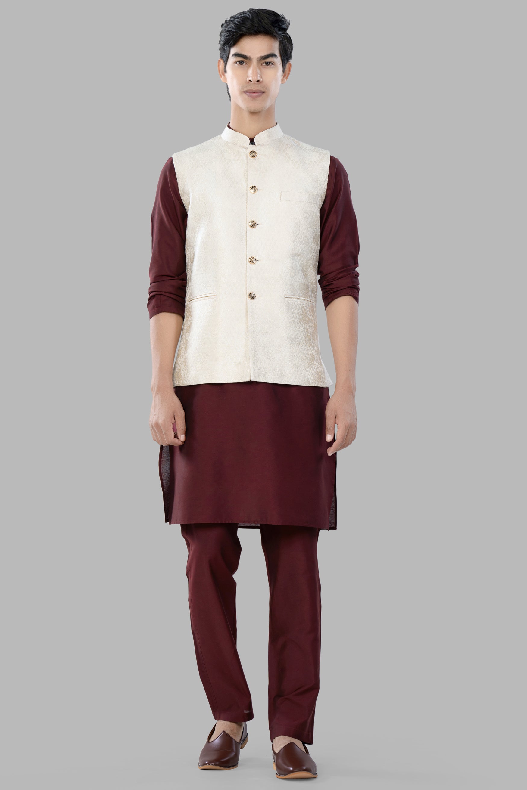 Albescent Cream Trellis Jacquard Textured Designer Nehru Jacket WC3462-36, WC3462-38, WC3462-40, WC3462-42, WC3462-44, WC3462-46, WC3462-48, WC3462-50, WC3462-52, WC3462-54, WC3462-56, WC3462-58, WC3462-60