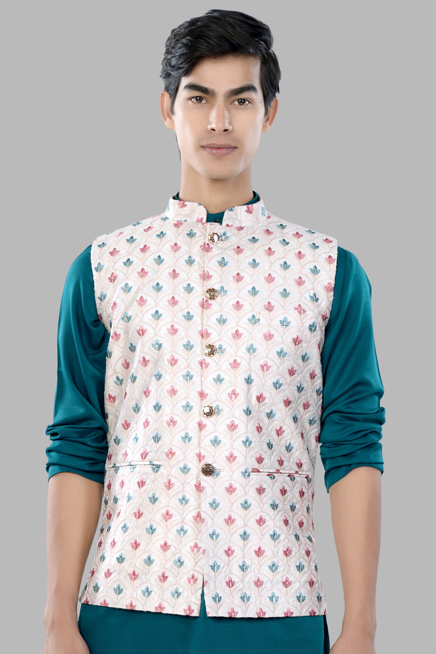 Merino Cream and Celeste Blue Leaves Thread Embroidered Designer Nehru Jacket WC3463-36, WC3463-38, WC3463-40, WC3463-42, WC3463-44, WC3463-46, WC3463-48, WC3463-50, WC3463-52, WC3463-54, WC3463-56, WC3463-58, WC3463-60