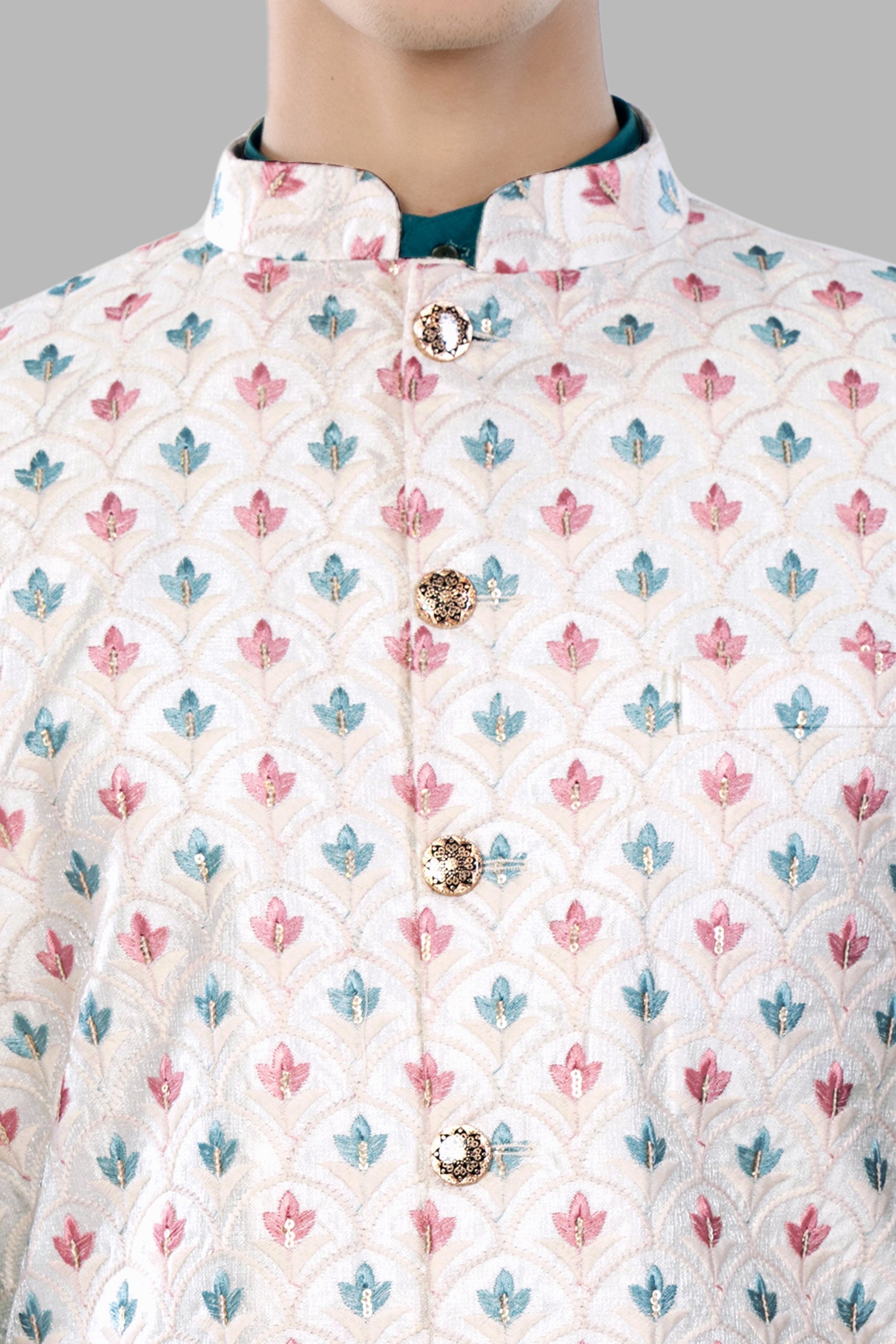 Merino Cream and Celeste Blue Leaves Thread Embroidered Designer Nehru Jacket WC3463-36, WC3463-38, WC3463-40, WC3463-42, WC3463-44, WC3463-46, WC3463-48, WC3463-50, WC3463-52, WC3463-54, WC3463-56, WC3463-58, WC3463-60