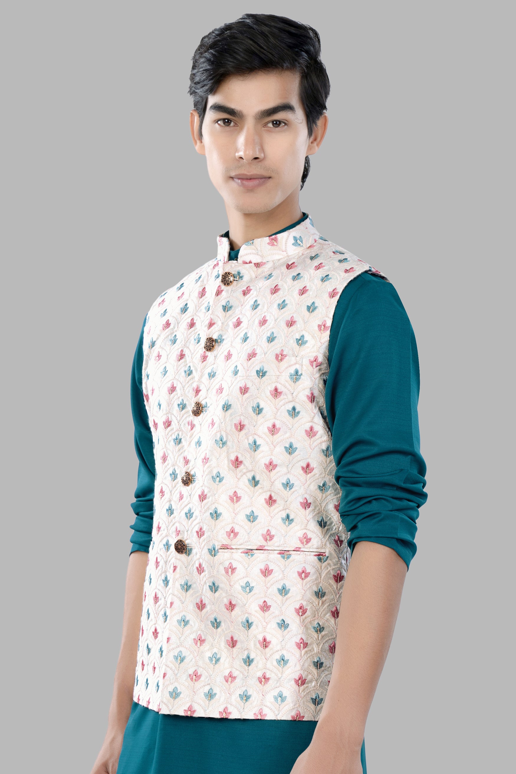 Merino Cream and Celeste Blue Leaves Thread Embroidered Designer Nehru Jacket WC3463-36, WC3463-38, WC3463-40, WC3463-42, WC3463-44, WC3463-46, WC3463-48, WC3463-50, WC3463-52, WC3463-54, WC3463-56, WC3463-58, WC3463-60