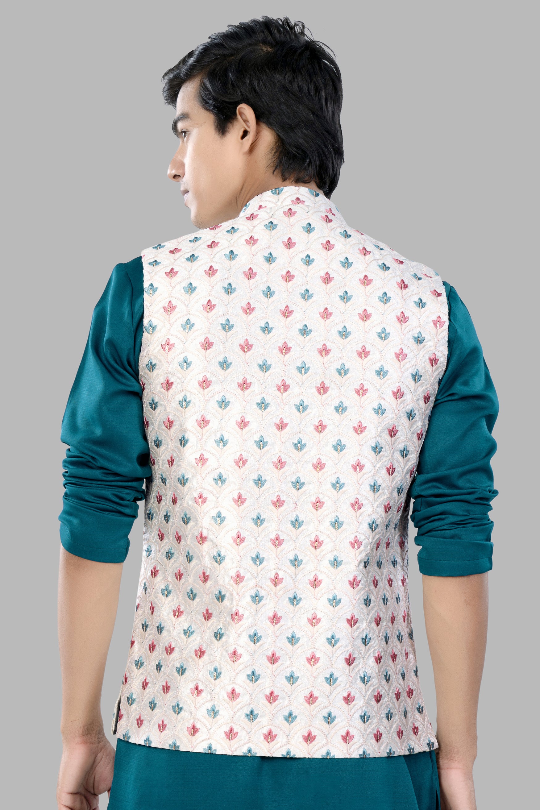 Merino Cream and Celeste Blue Leaves Thread Embroidered Designer Nehru Jacket WC3463-36, WC3463-38, WC3463-40, WC3463-42, WC3463-44, WC3463-46, WC3463-48, WC3463-50, WC3463-52, WC3463-54, WC3463-56, WC3463-58, WC3463-60
