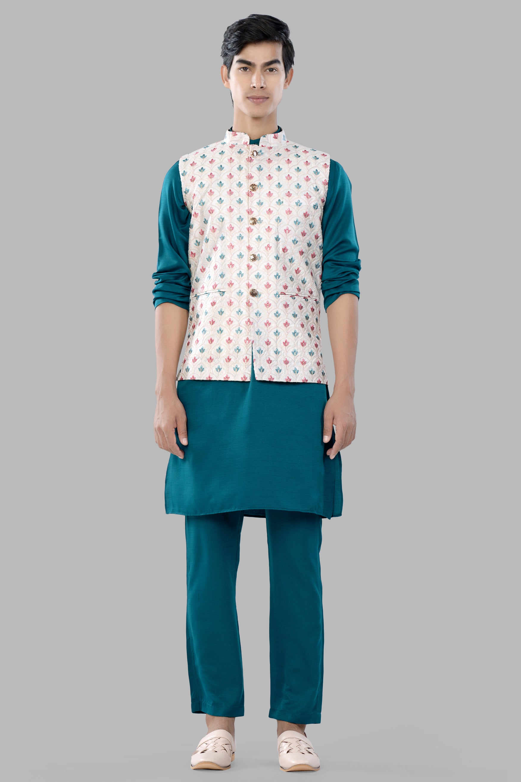 Merino Cream and Celeste Blue Leaves Thread Embroidered Designer Nehru Jacket WC3463-36, WC3463-38, WC3463-40, WC3463-42, WC3463-44, WC3463-46, WC3463-48, WC3463-50, WC3463-52, WC3463-54, WC3463-56, WC3463-58, WC3463-60