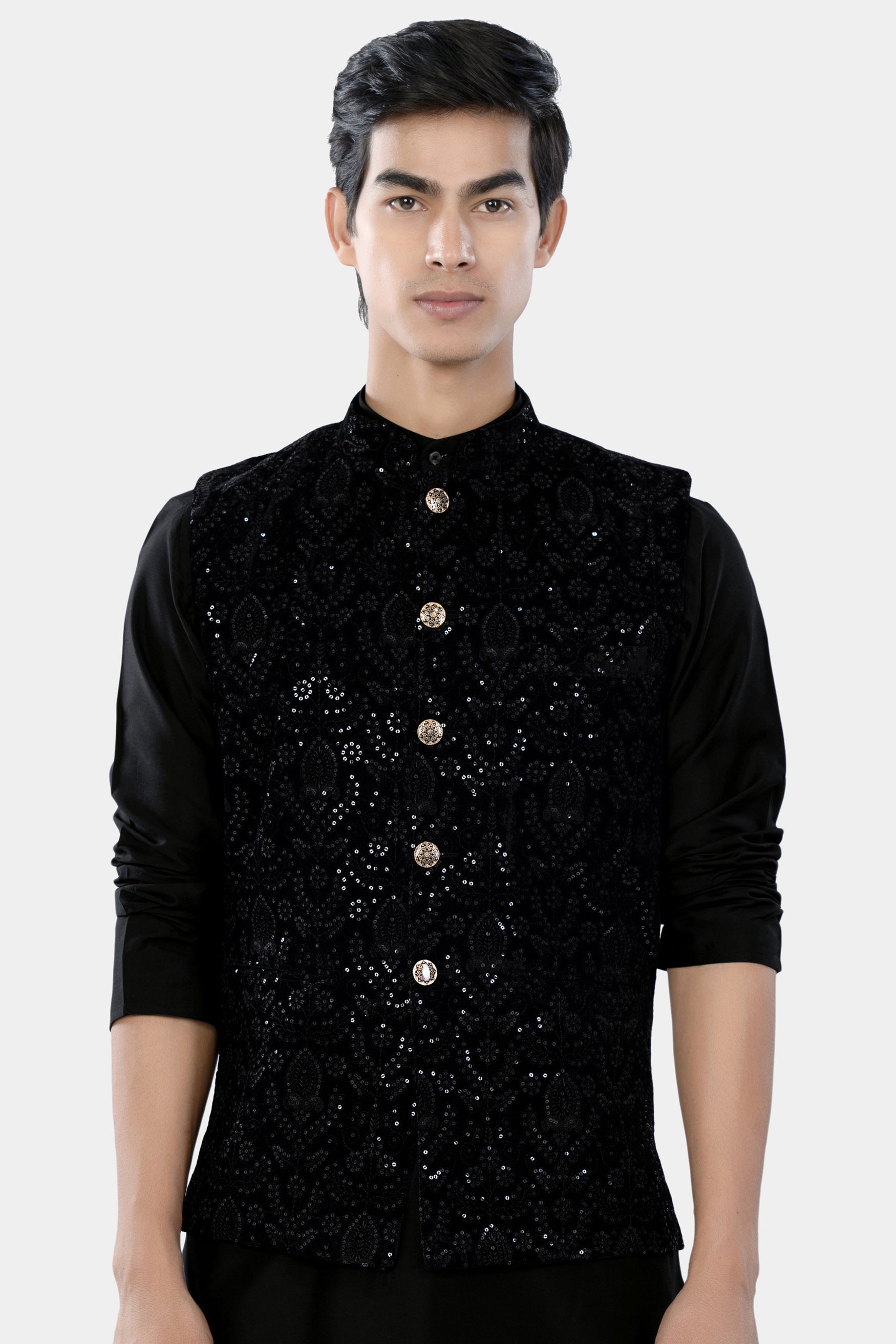 Jade Black Sequin Embroidered Designer Nehru Jacket WC3464-36, WC3464-38, WC3464-40, WC3464-42, WC3464-44, WC3464-46, WC3464-48, WC3464-50, WC3464-52, WC3464-54, WC3464-56, WC3464-58, WC3464-60