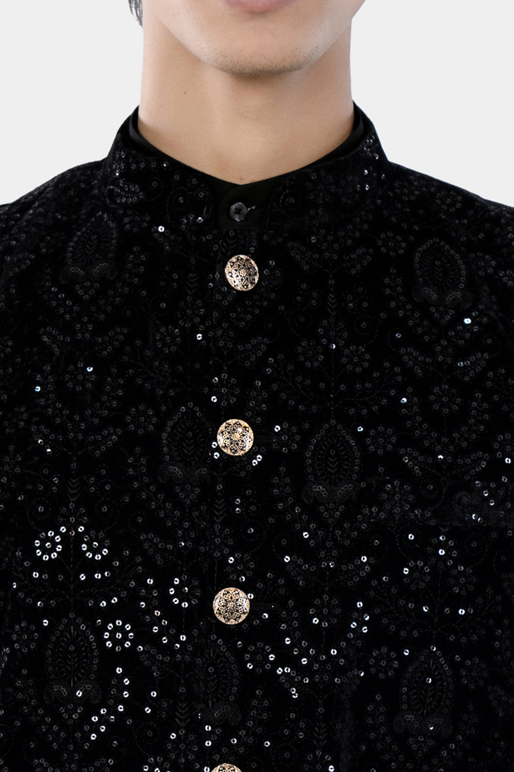 Jade Black Sequin Embroidered Designer Nehru Jacket WC3464-36, WC3464-38, WC3464-40, WC3464-42, WC3464-44, WC3464-46, WC3464-48, WC3464-50, WC3464-52, WC3464-54, WC3464-56, WC3464-58, WC3464-60