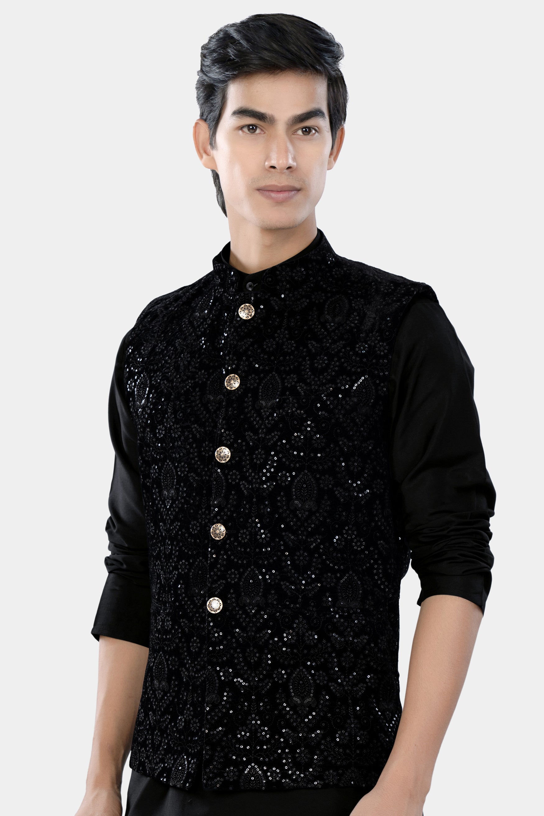 Jade Black Sequin Embroidered Designer Nehru Jacket WC3464-36, WC3464-38, WC3464-40, WC3464-42, WC3464-44, WC3464-46, WC3464-48, WC3464-50, WC3464-52, WC3464-54, WC3464-56, WC3464-58, WC3464-60