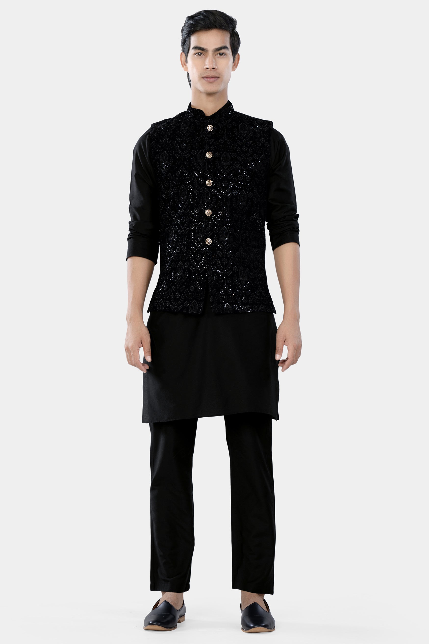 Jade Black Sequin Embroidered Designer Nehru Jacket WC3464-36, WC3464-38, WC3464-40, WC3464-42, WC3464-44, WC3464-46, WC3464-48, WC3464-50, WC3464-52, WC3464-54, WC3464-56, WC3464-58, WC3464-60