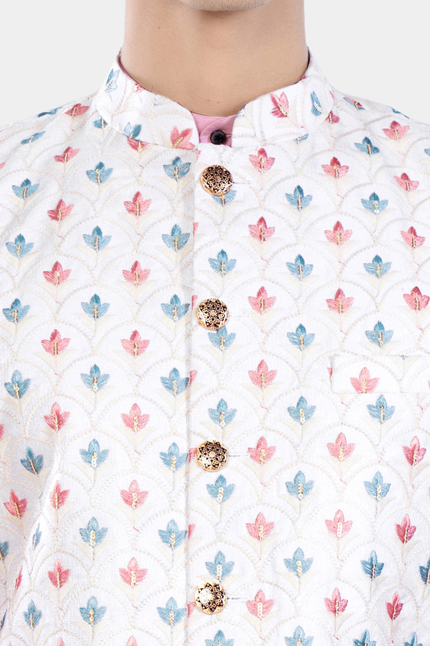 Bright White and Carnation Pink Leaves Thread Embroidered Designer Nehru Jacket WC3468-36, WC3468-38, WC3468-40, WC3468-42, WC3468-44, WC3468-46, WC3468-48, WC3468-50, WC3468-52, WC3468-54, WC3468-56, WC3468-58, WC3468-60