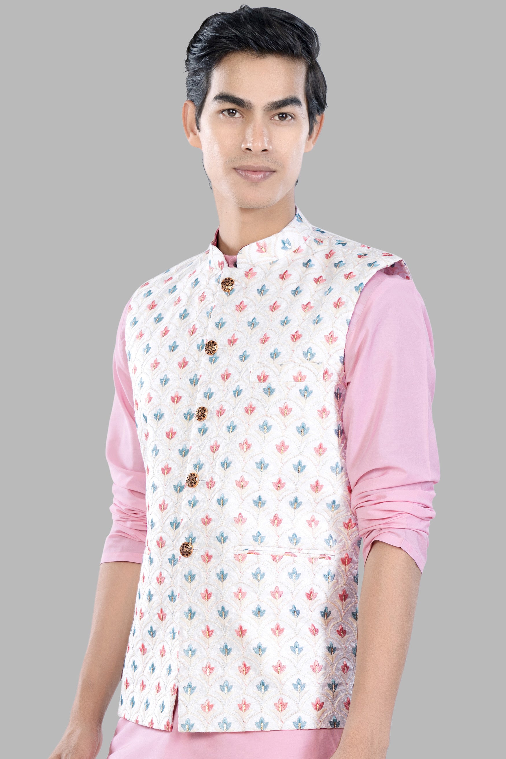 Bright White and Carnation Pink Leaves Thread Embroidered Designer Nehru Jacket WC3468-36, WC3468-38, WC3468-40, WC3468-42, WC3468-44, WC3468-46, WC3468-48, WC3468-50, WC3468-52, WC3468-54, WC3468-56, WC3468-58, WC3468-60