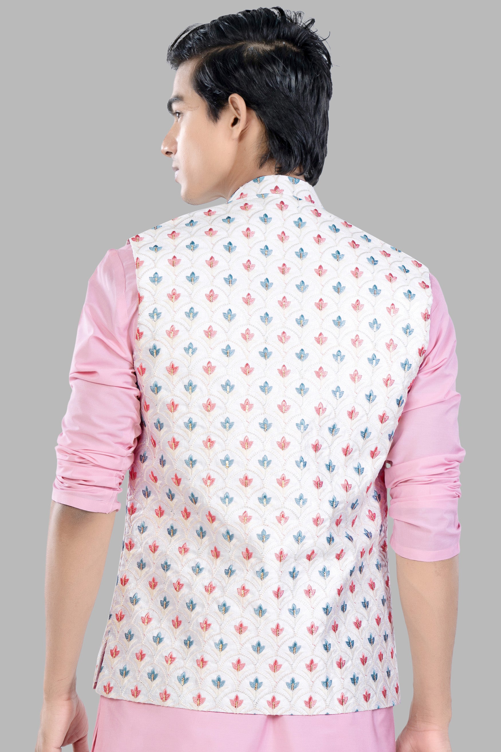 Bright White and Carnation Pink Leaves Thread Embroidered Designer Nehru Jacket WC3468-36, WC3468-38, WC3468-40, WC3468-42, WC3468-44, WC3468-46, WC3468-48, WC3468-50, WC3468-52, WC3468-54, WC3468-56, WC3468-58, WC3468-60