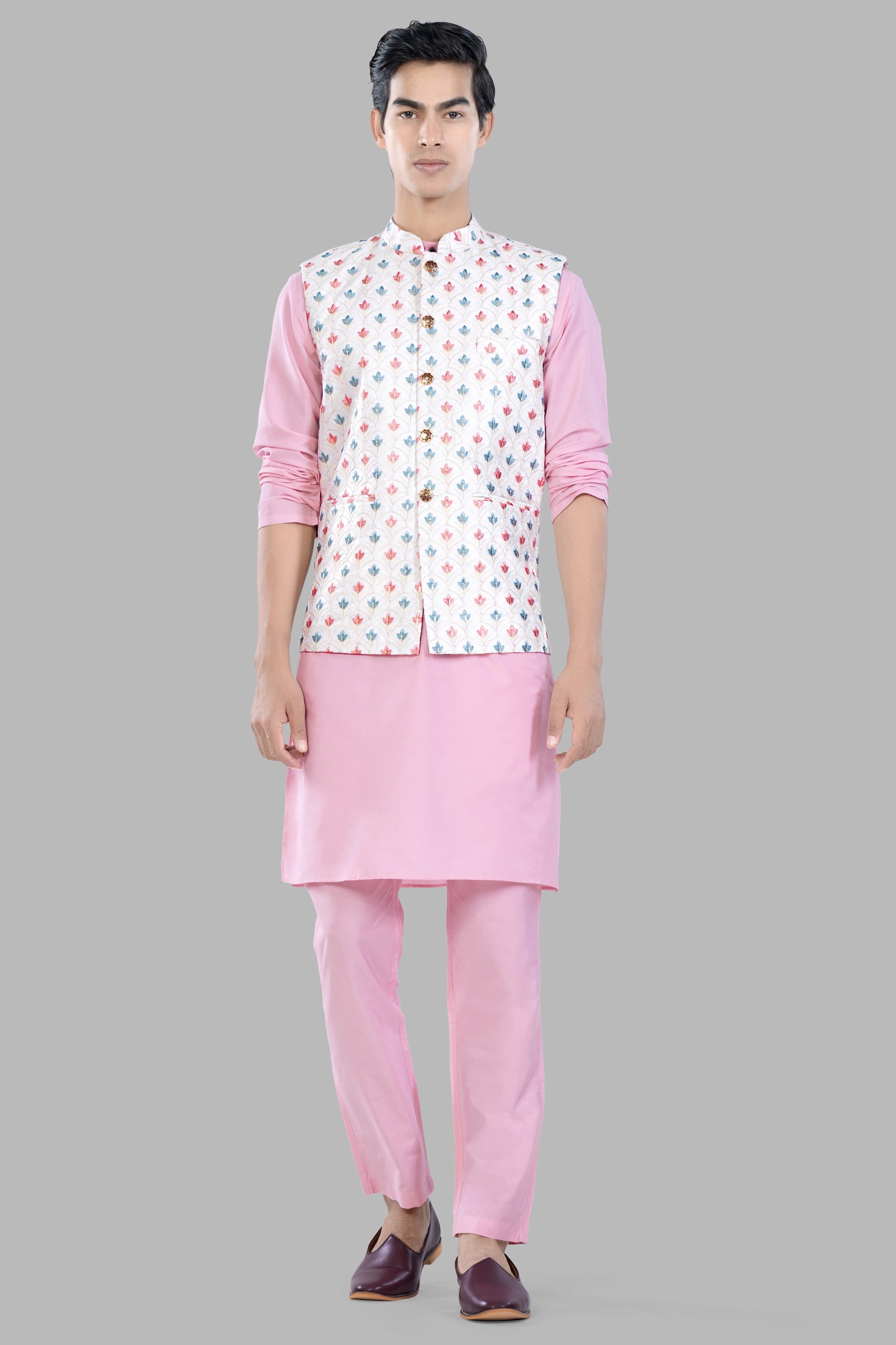 Bright White and Carnation Pink Leaves Thread Embroidered Designer Nehru Jacket WC3468-36, WC3468-38, WC3468-40, WC3468-42, WC3468-44, WC3468-46, WC3468-48, WC3468-50, WC3468-52, WC3468-54, WC3468-56, WC3468-58, WC3468-60