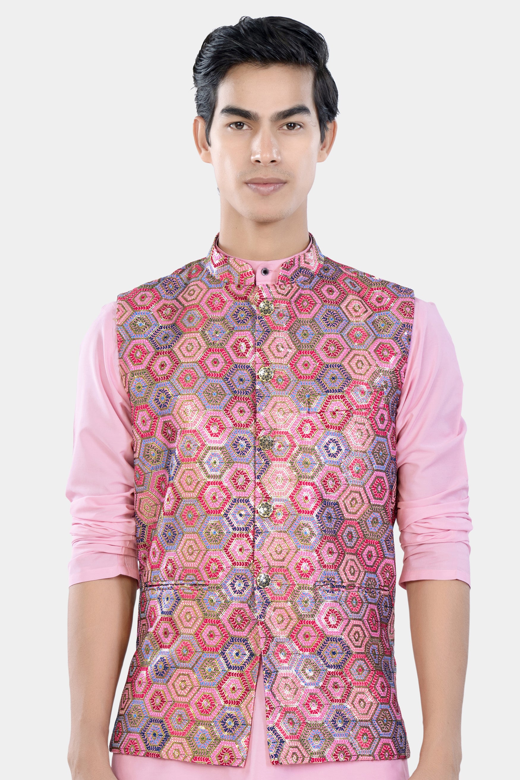 Radical Pink and Rhino Blue Multicolour Honeycomb Sequin and Thread Embroidered Designer Nehru Jacket WC3469-36,  WC3469-38,  WC3469-40,  WC3469-42,  WC3469-44,  WC3469-46,  WC3469-48,  WC3469-50,  WC3469-52,  WC3469-54,  WC3469-56,  WC3469-58,  WC3469-60