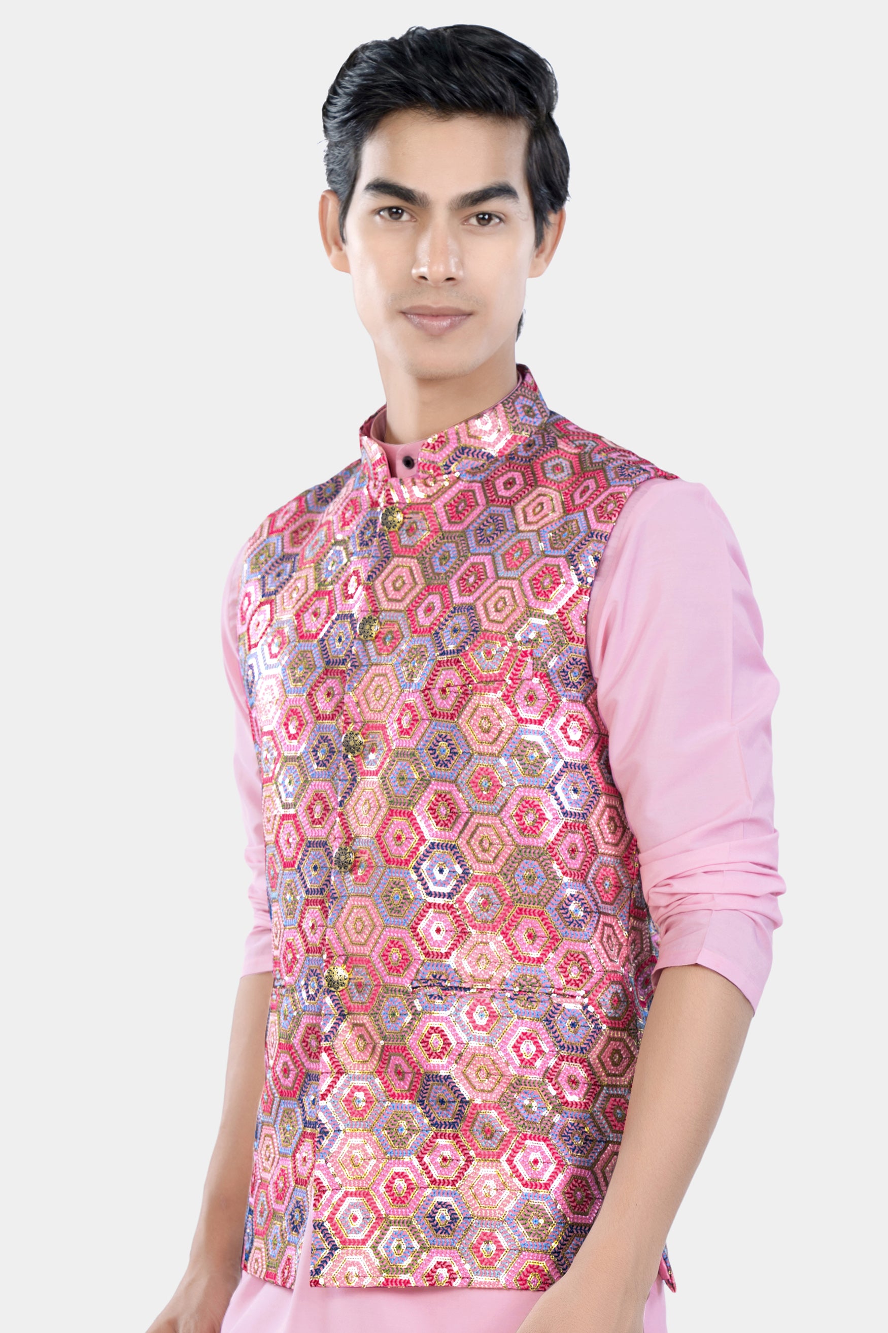 Radical Pink and Rhino Blue Multicolour Honeycomb Sequin and Thread Embroidered Designer Nehru Jacket WC3469-36, WC3469-38, WC3469-40, WC3469-42, WC3469-44, WC3469-46, WC3469-48, WC3469-50, WC3469-52, WC3469-54, WC3469-56, WC3469-58, WC3469-60