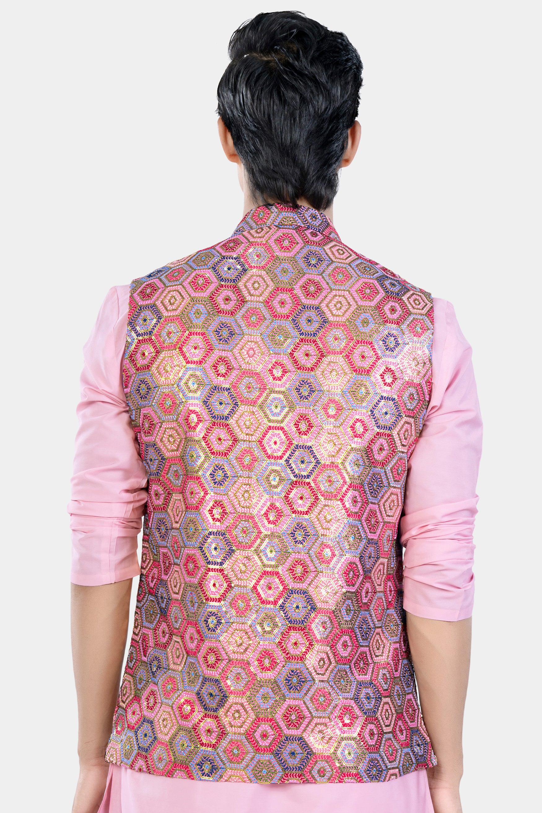 Radical Pink and Rhino Blue Multicolour Honeycomb Sequin and Thread Embroidered Designer Nehru Jacket WC3469-36, WC3469-38, WC3469-40, WC3469-42, WC3469-44, WC3469-46, WC3469-48, WC3469-50, WC3469-52, WC3469-54, WC3469-56, WC3469-58, WC3469-60