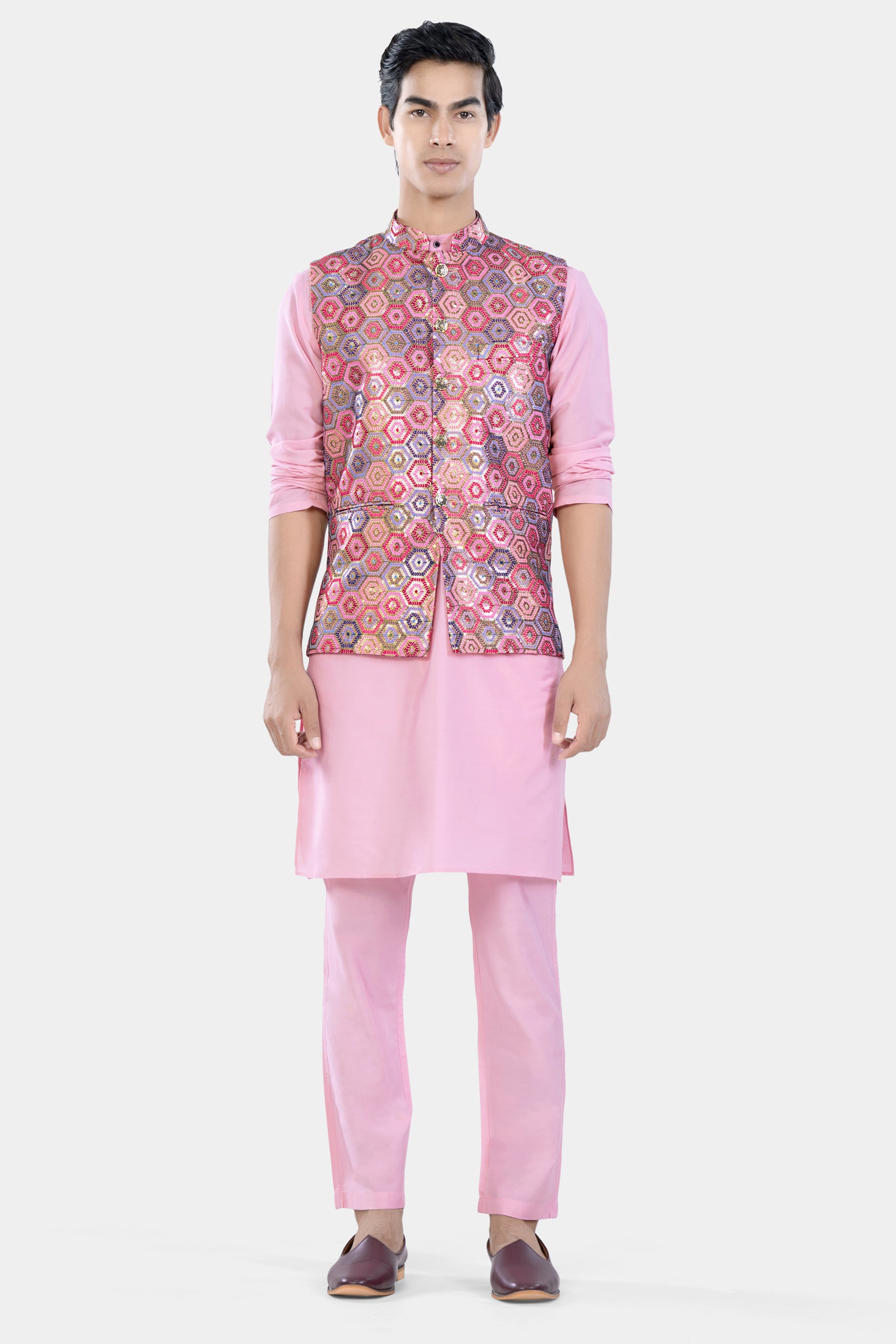 Radical Pink and Rhino Blue Multicolour Honeycomb Sequin and Thread Embroidered Designer Nehru Jacket WC3469-36, WC3469-38, WC3469-40, WC3469-42, WC3469-44, WC3469-46, WC3469-48, WC3469-50, WC3469-52, WC3469-54, WC3469-56, WC3469-58, WC3469-60