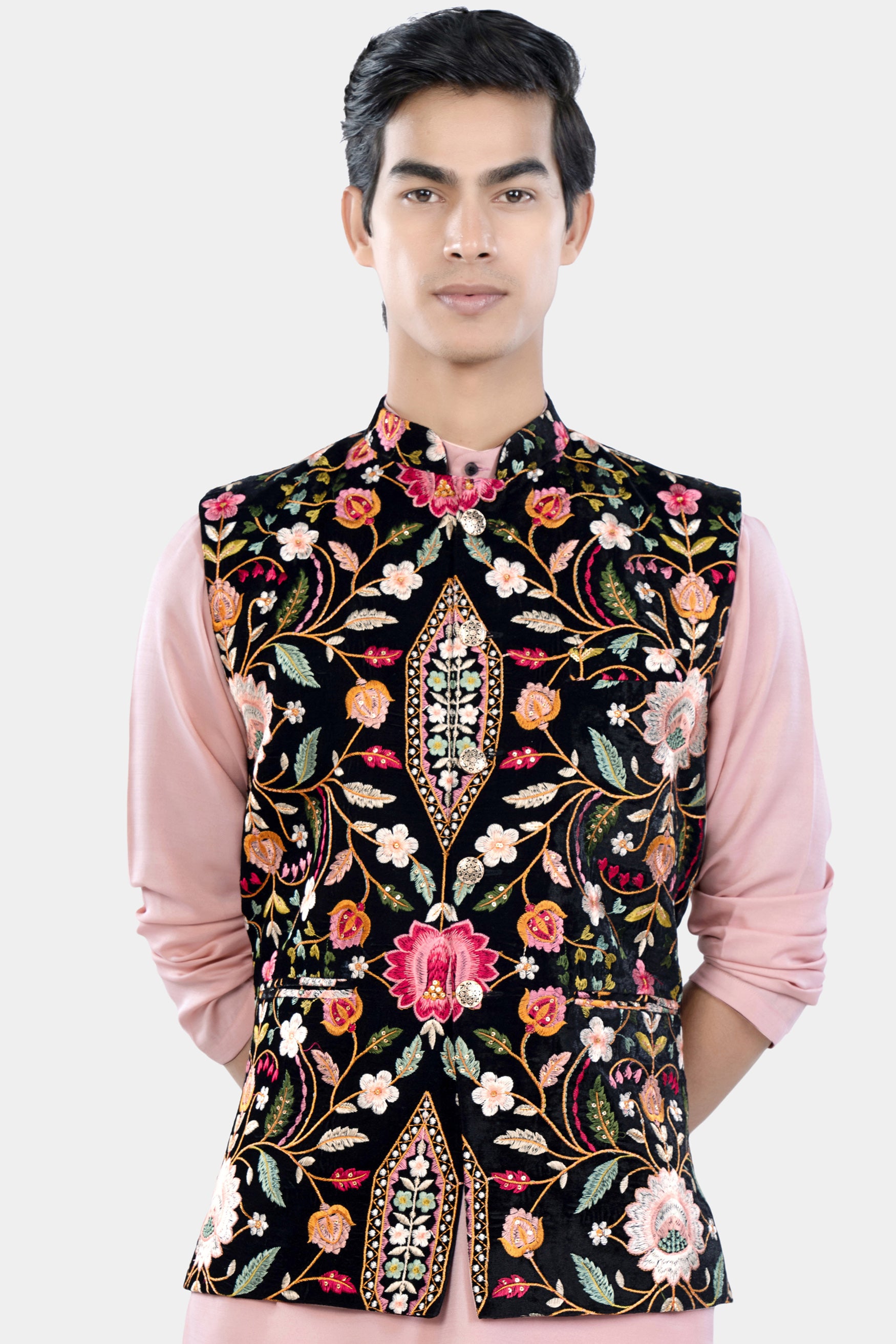 Jade Black and Carmine Pink Multicolour Floral Thread Embroidered Designer Nehru Jacket WC3471-36, WC3471-38, WC3471-40, WC3471-42, WC3471-44, WC3471-46, WC3471-48, WC3471-50, WC3471-52, WC3471-54, WC3471-56, WC3471-58, WC3471-60