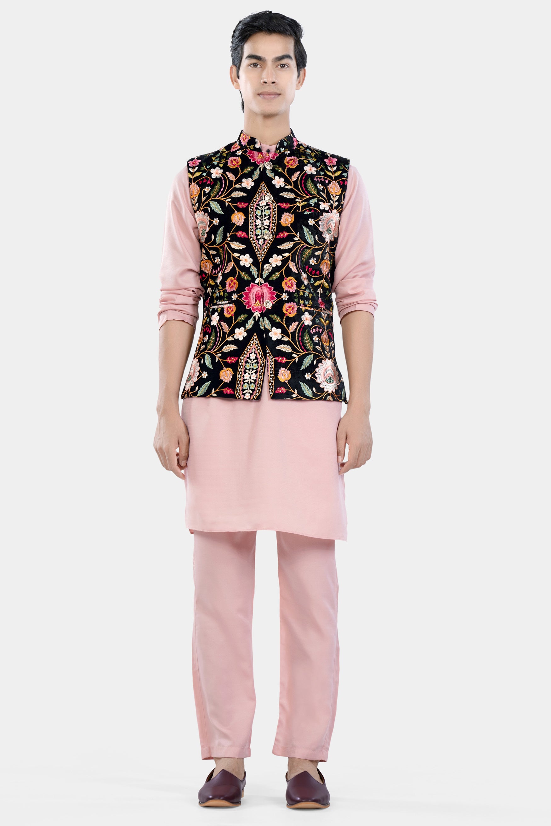 Jade Black and Carmine Pink Multicolour Floral Thread Embroidered Designer Nehru Jacket WC3471-36, WC3471-38, WC3471-40, WC3471-42, WC3471-44, WC3471-46, WC3471-48, WC3471-50, WC3471-52, WC3471-54, WC3471-56, WC3471-58, WC3471-60