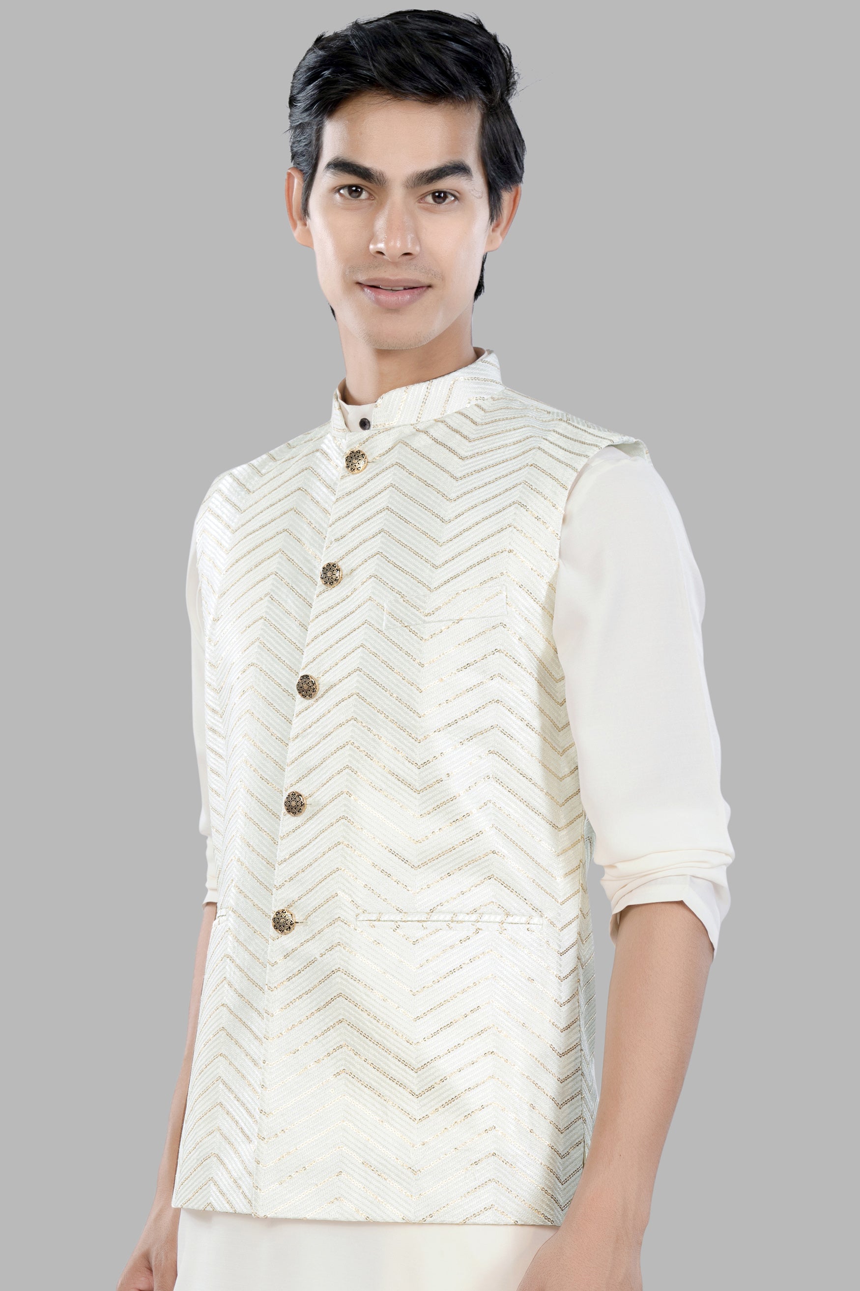 Bright White Chevron Sequin and Thread Embroidered Designer Nehru Jacket WC3472-36, WC3472-38, WC3472-40, WC3472-42, WC3472-44, WC3472-46, WC3472-48, WC3472-50, WC3472-52, WC3472-54, WC3472-56, WC3472-58, WC3472-60