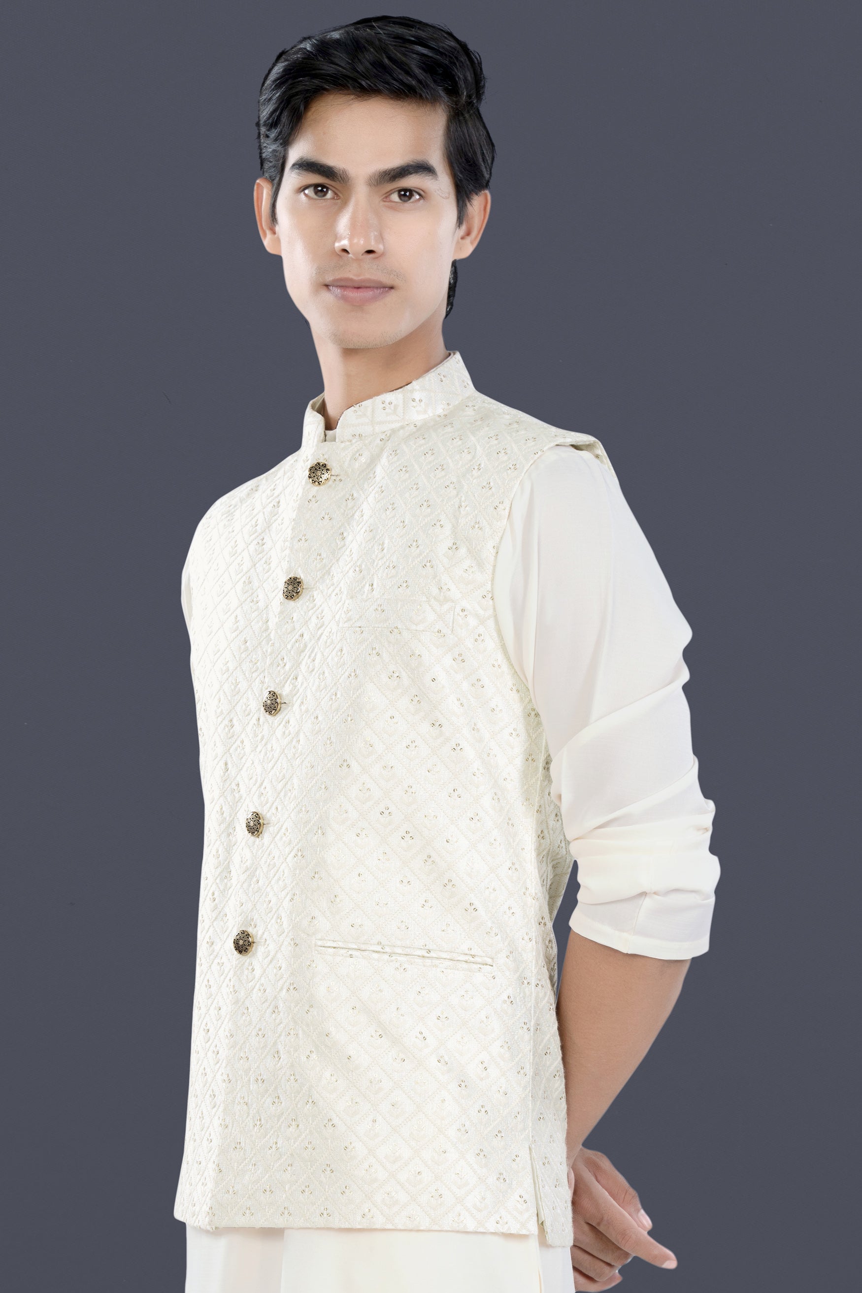 Bright White Trellis Sequin and Thread Embroidered Designer Nehru Jacket WC3474-36, WC3474-38, WC3474-40, WC3474-42, WC3474-44, WC3474-46, WC3474-48, WC3474-50, WC3474-52, WC3474-54, WC3474-56, WC3474-58, WC3474-60