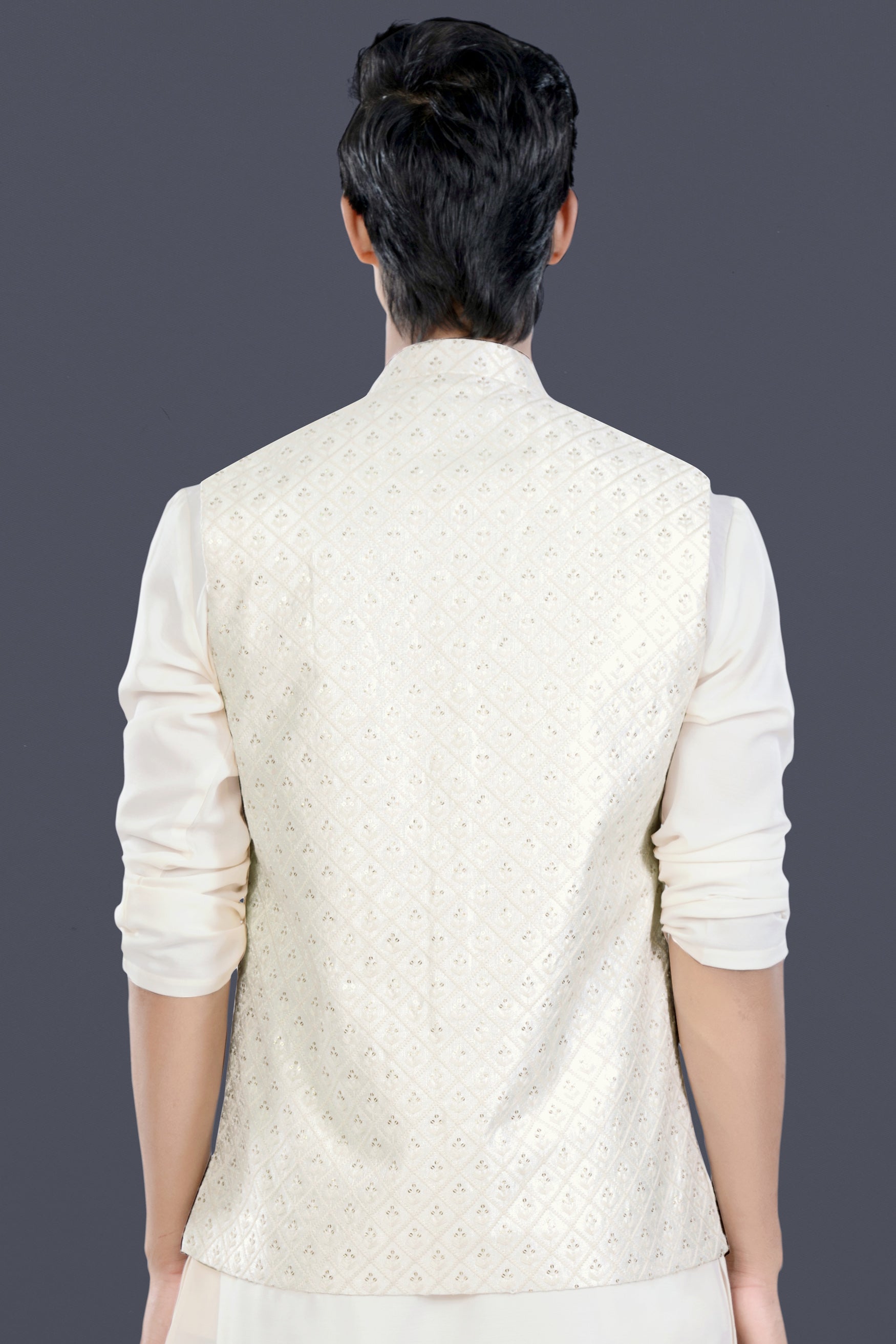 Bright White Trellis Sequin and Thread Embroidered Designer Nehru Jacket WC3474-36, WC3474-38, WC3474-40, WC3474-42, WC3474-44, WC3474-46, WC3474-48, WC3474-50, WC3474-52, WC3474-54, WC3474-56, WC3474-58, WC3474-60