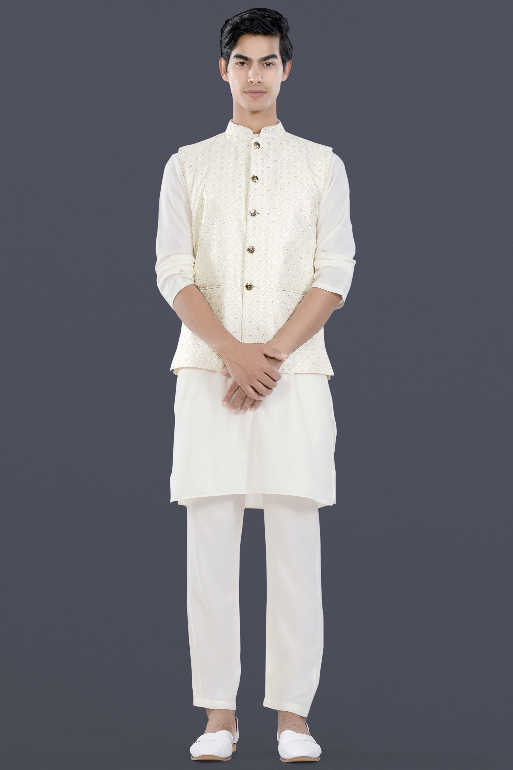 Bright White Trellis Sequin and Thread Embroidered Designer Nehru Jacket WC3474-36, WC3474-38, WC3474-40, WC3474-42, WC3474-44, WC3474-46, WC3474-48, WC3474-50, WC3474-52, WC3474-54, WC3474-56, WC3474-58, WC3474-60