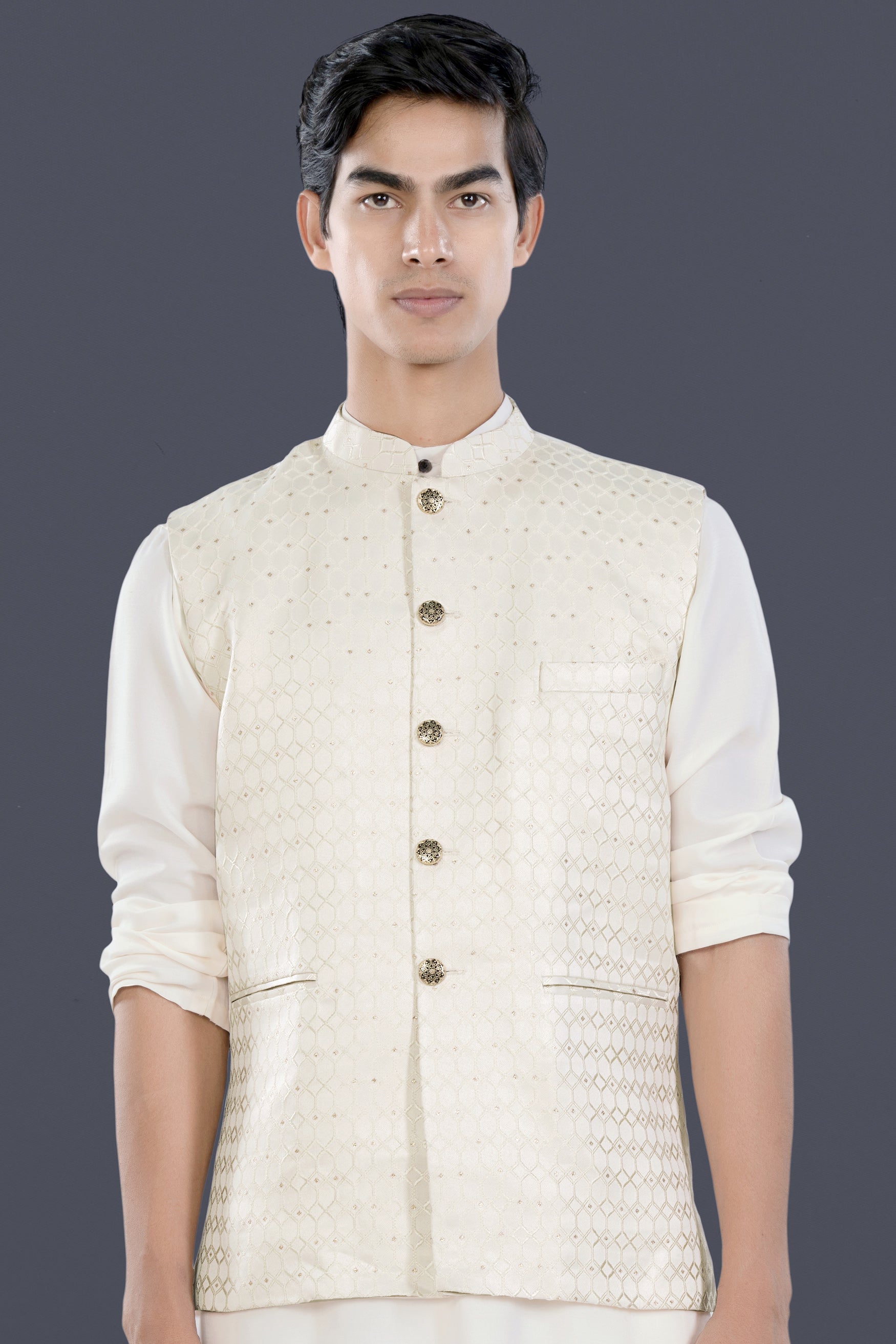 Albescent Cream Trellis Jacquard Textured Designer Nehru Jacket WC3475-36,  WC3475-38,  WC3475-40,  WC3475-42,  WC3475-44,  WC3475-46,  WC3475-48,  WC3475-50,  WC3475-52,  WC3475-54,  WC3475-56,  WC3475-58,  WC3475-60