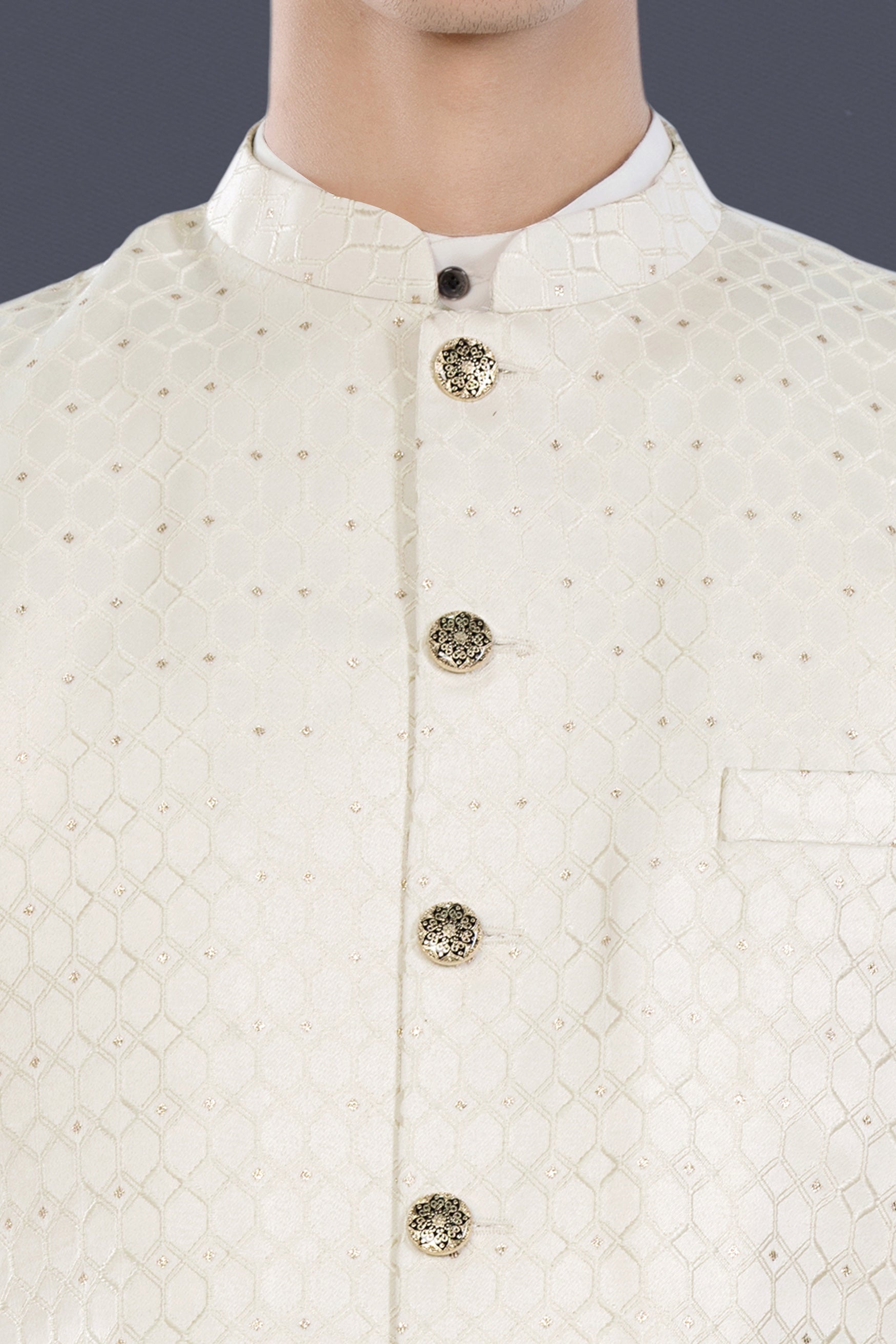 Albescent Cream Trellis Jacquard Textured Designer Nehru Jacket WC3475-36, WC3475-38, WC3475-40, WC3475-42, WC3475-44, WC3475-46, WC3475-48, WC3475-50, WC3475-52, WC3475-54, WC3475-56, WC3475-58, WC3475-60