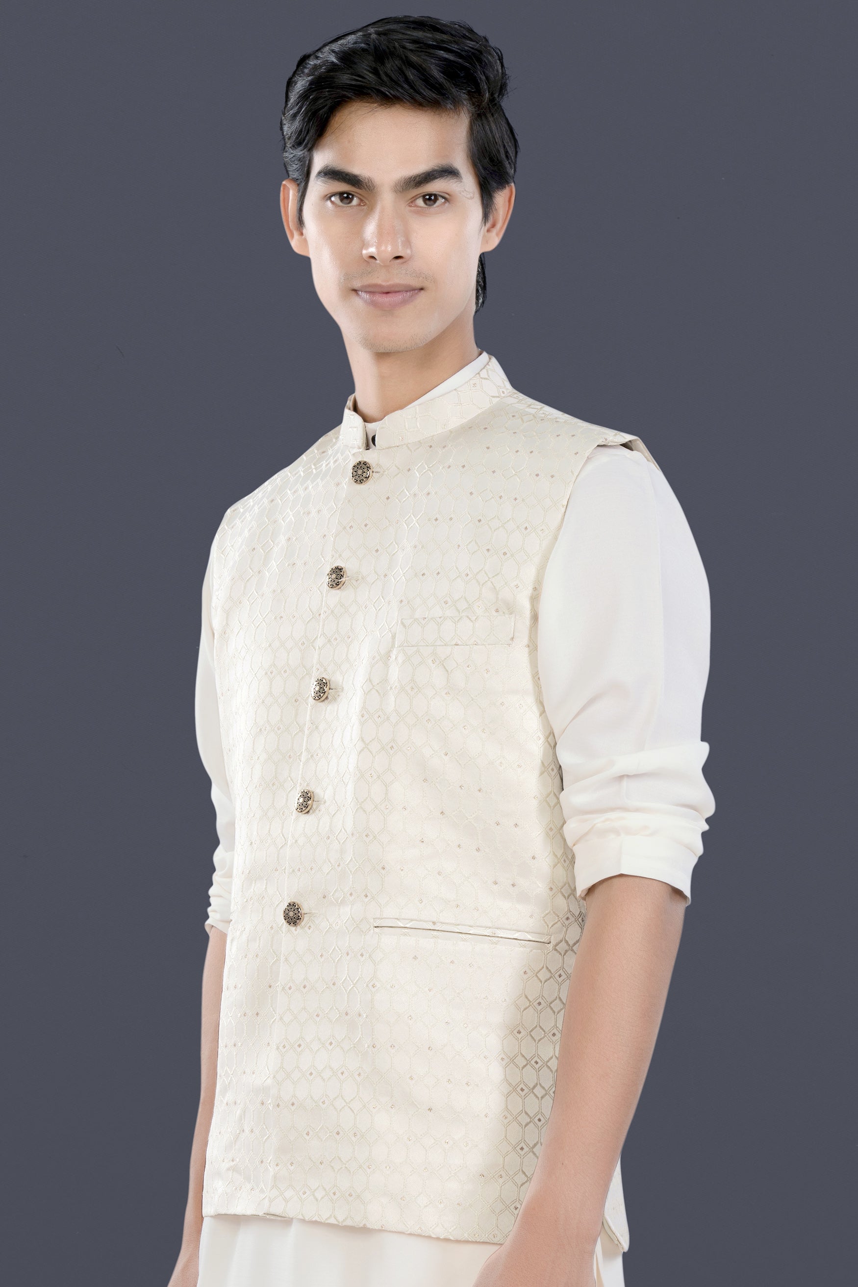Albescent Cream Trellis Jacquard Textured Designer Nehru Jacket WC3475-36, WC3475-38, WC3475-40, WC3475-42, WC3475-44, WC3475-46, WC3475-48, WC3475-50, WC3475-52, WC3475-54, WC3475-56, WC3475-58, WC3475-60